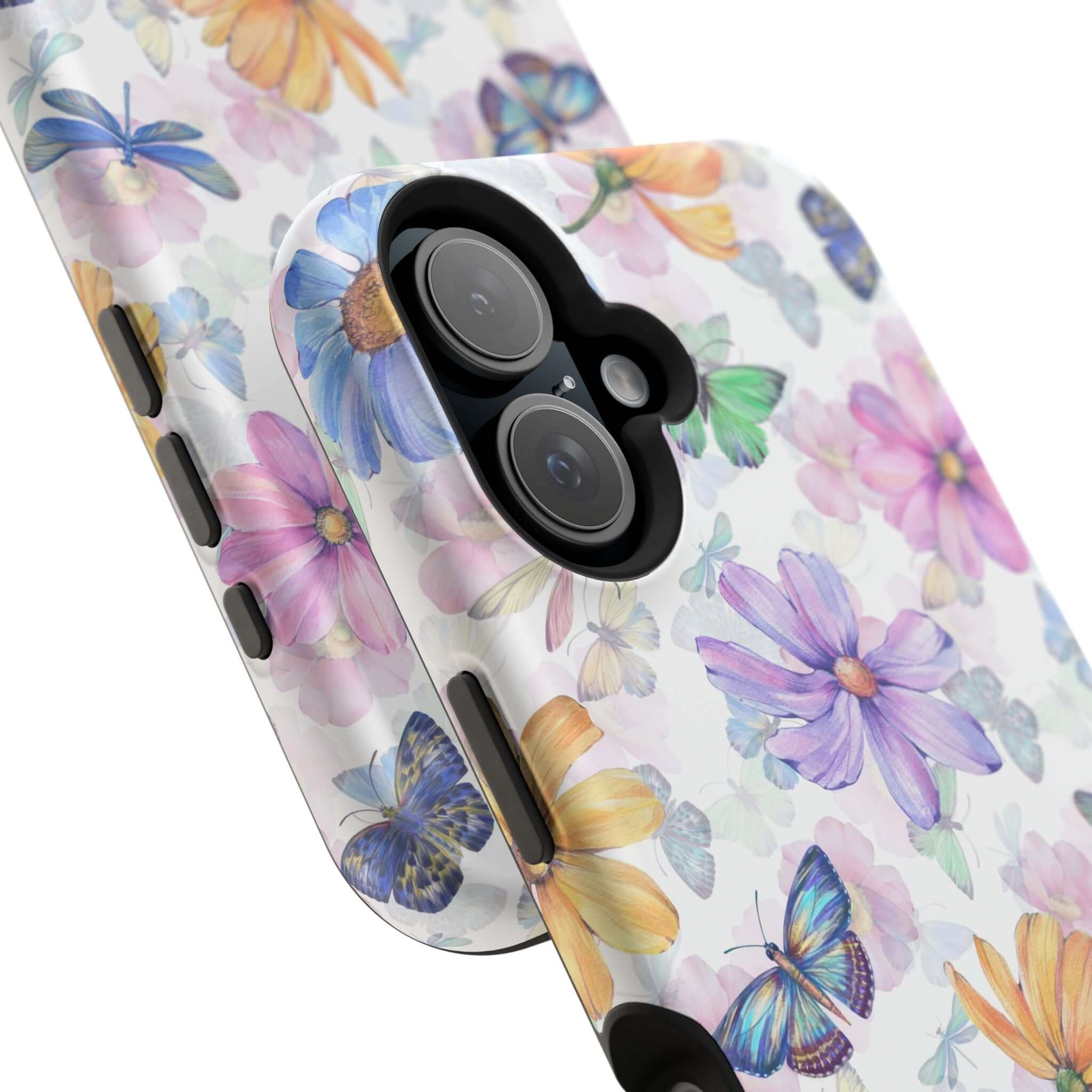 Close-up of Fluttering Blooms Watercolor Butterfly Case for iPhone 16, featuring a cute, colorful butterfly and flower design. MagSafe compatible.