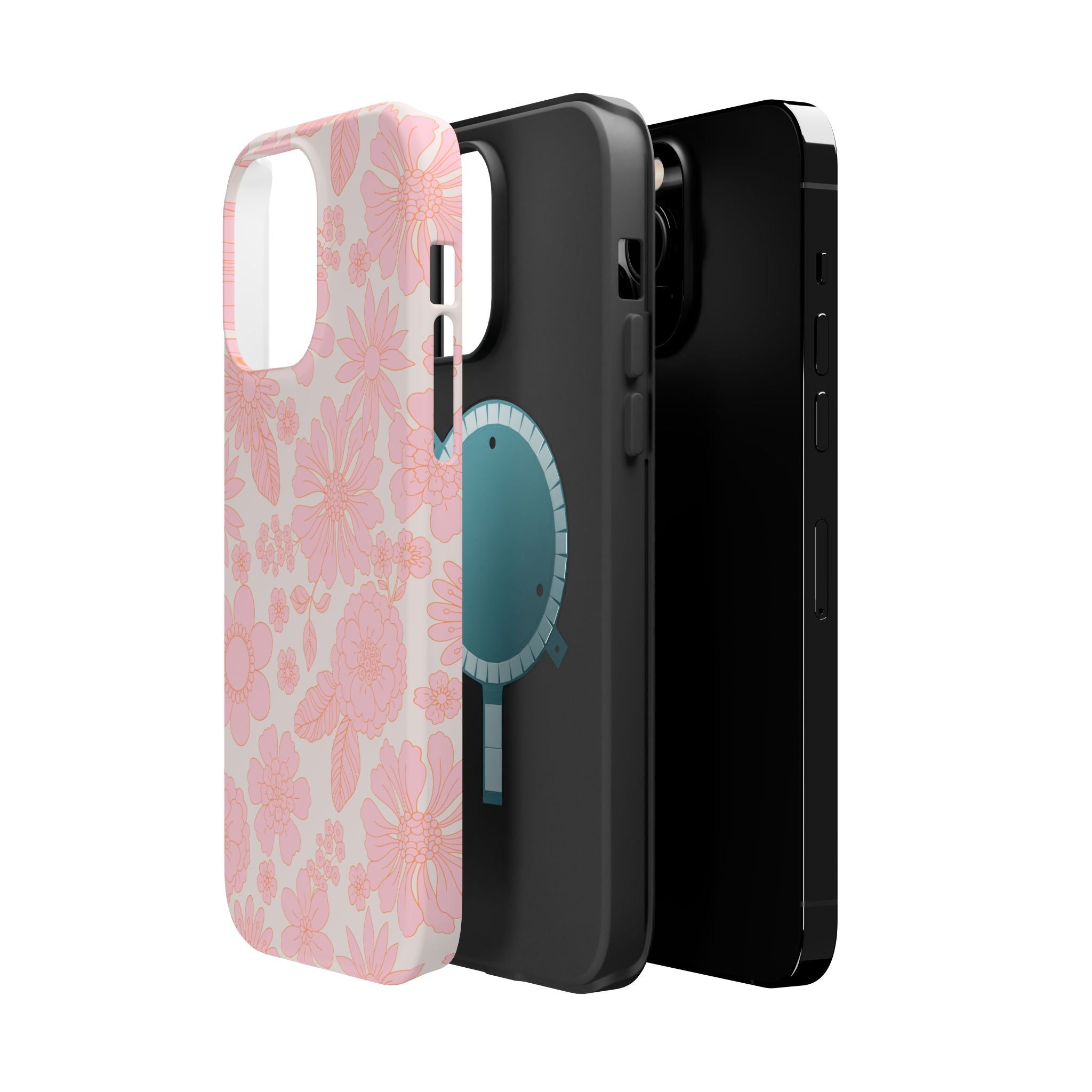 Pink floral iPhone 16 case with cottagecore style, featuring MagSafe compatibility, offering cute and protective phone cover.