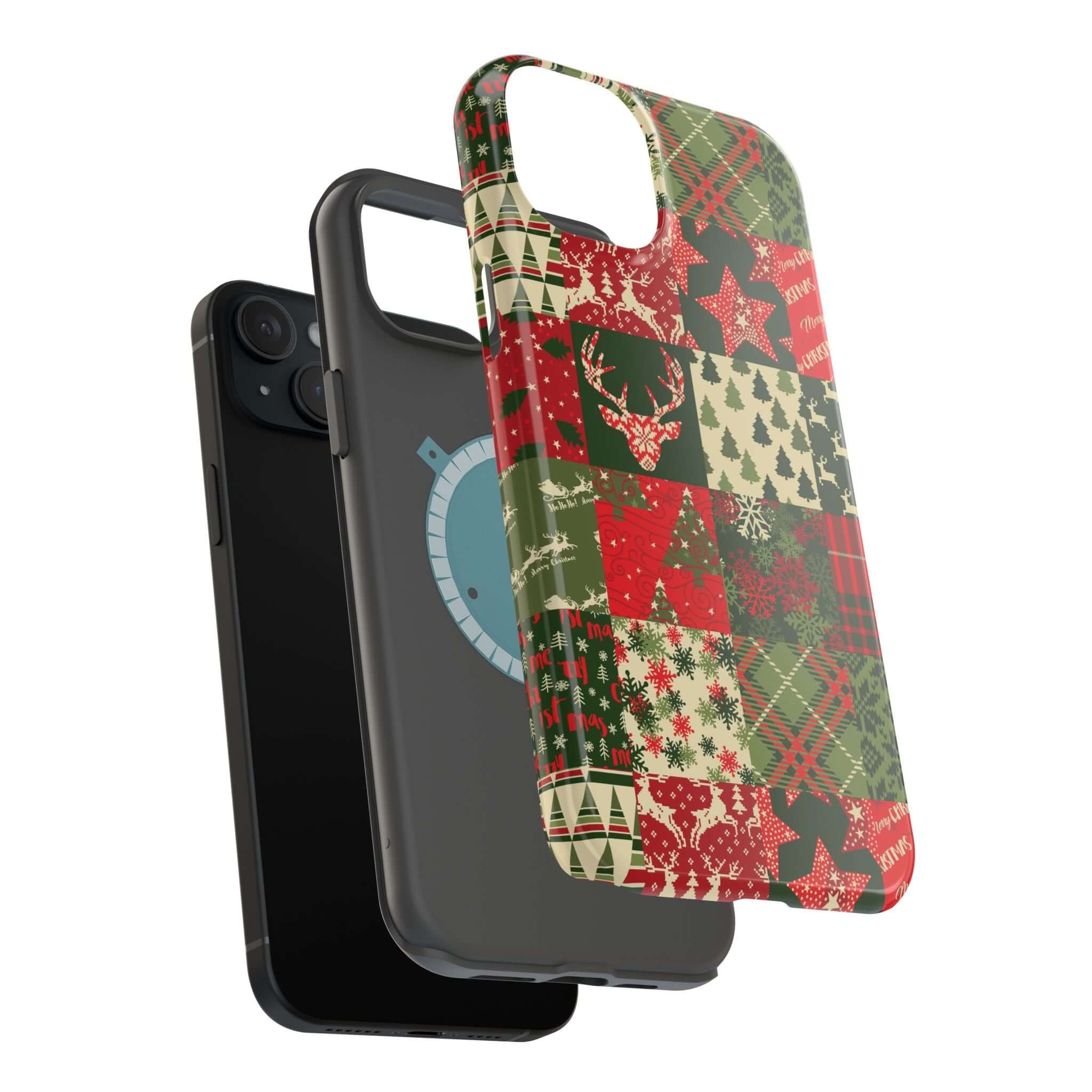 Cozy Quiltmas MagSafe case with festive Christmas design, featuring a colorful holiday pattern for iPhone. Holiday cheer phone cover.