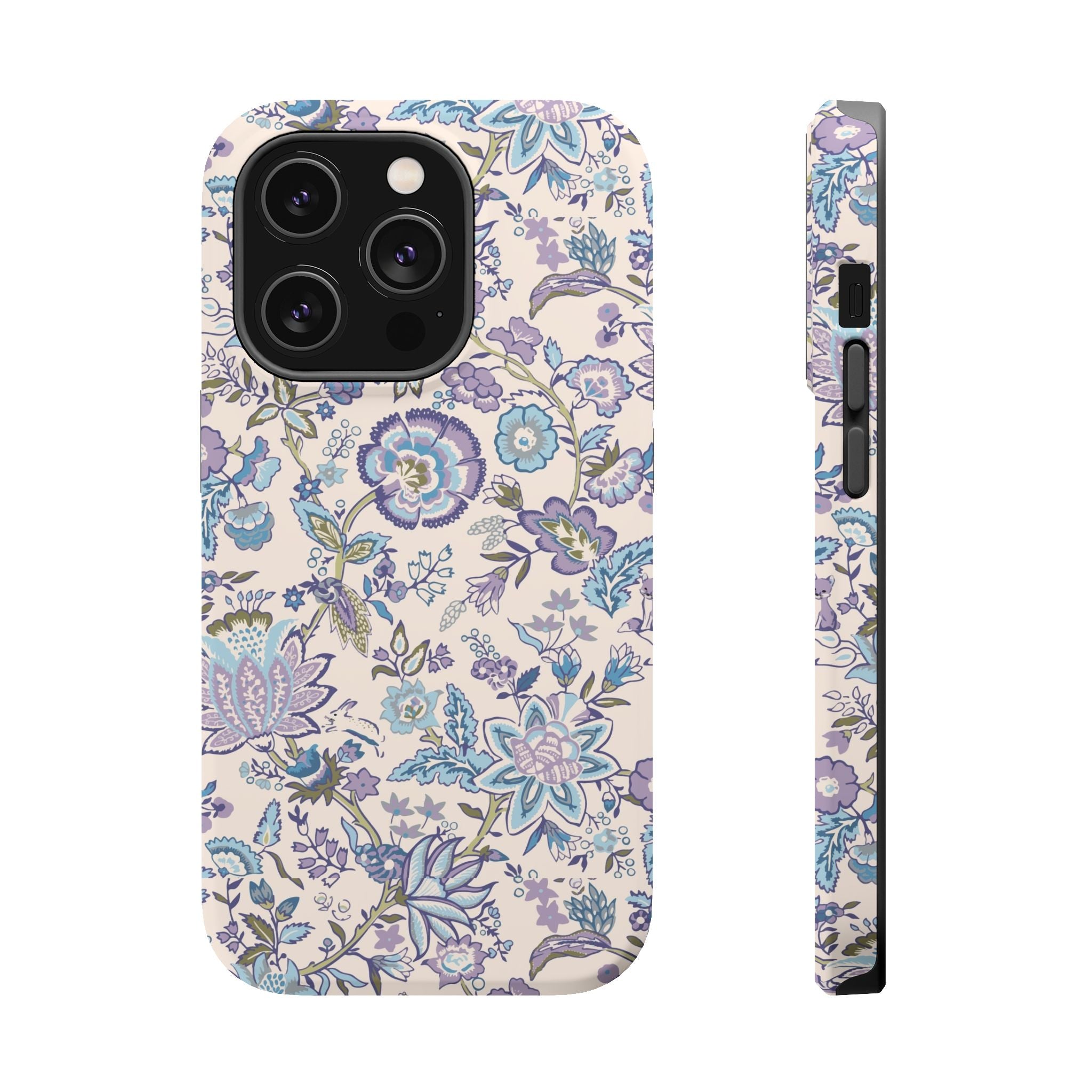 Blue floral CottageCore MagSafe iPhone case with whimsical design, perfect cute phone cover for nature lovers.