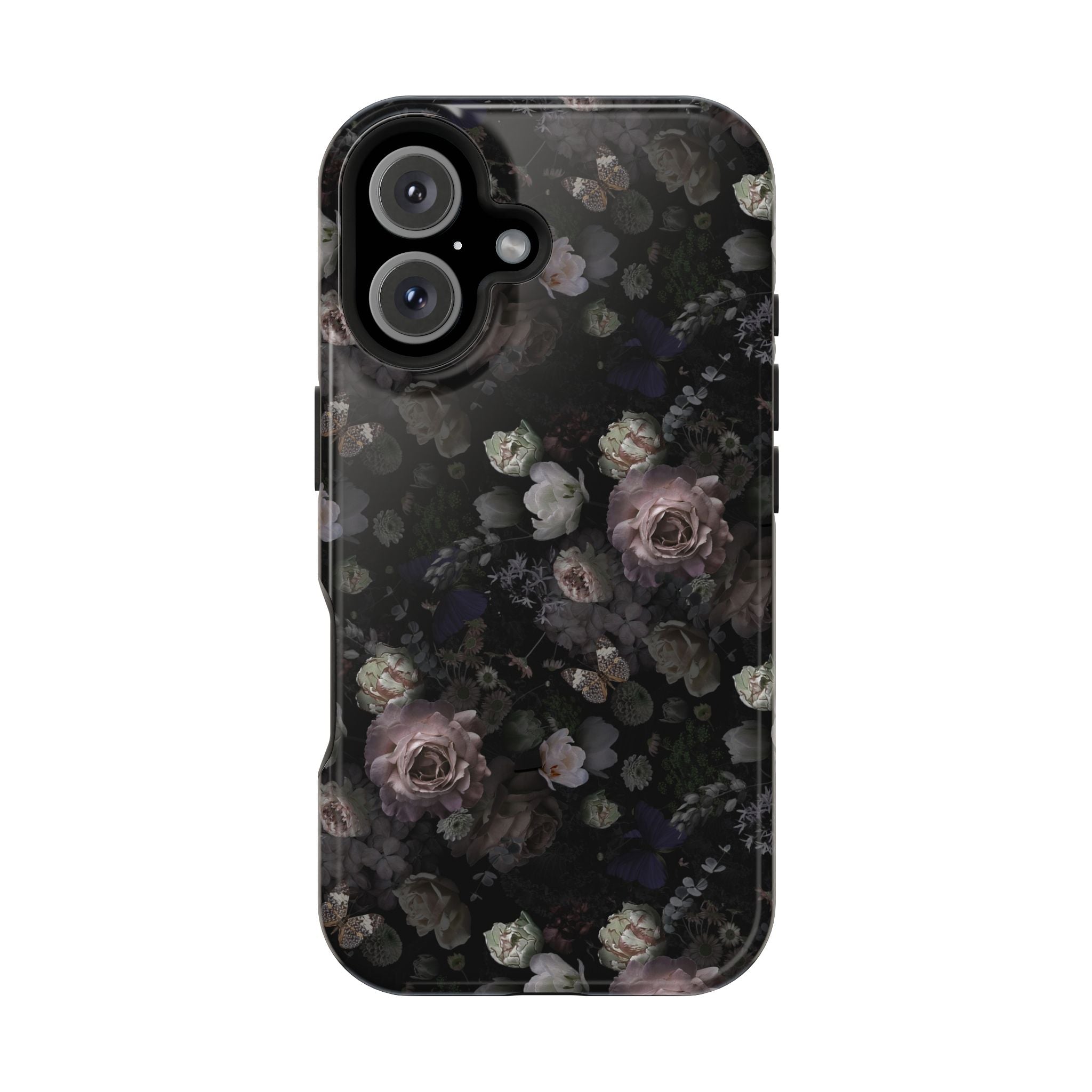 Midnight Curse black floral MagSafe iPhone case with cute rose patterns, a stylish and protective phone cover.