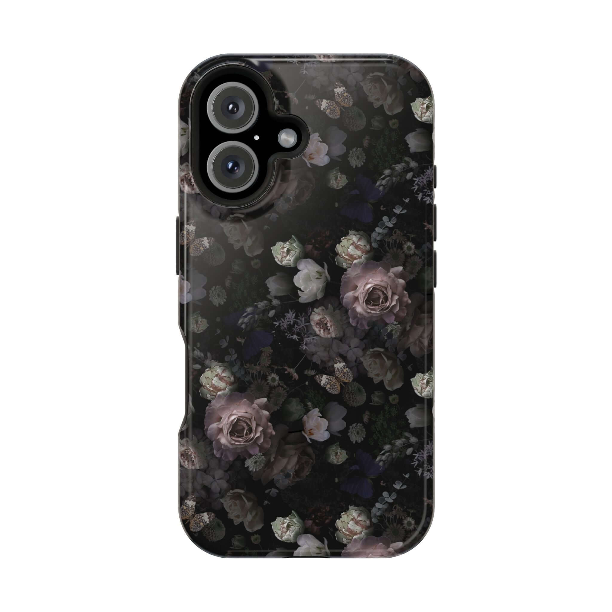 Midnight Curse black floral MagSafe iPhone case with cute rose patterns, a stylish and protective phone cover.