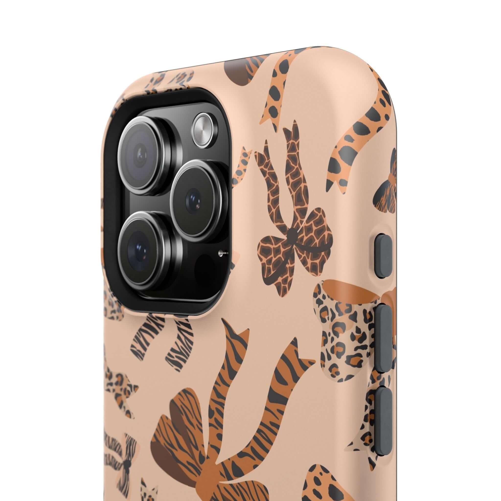 Colorful iPhone case with leopard pattern and cute bows, Safari Coquette MagSafe case for a playful, abstract look.