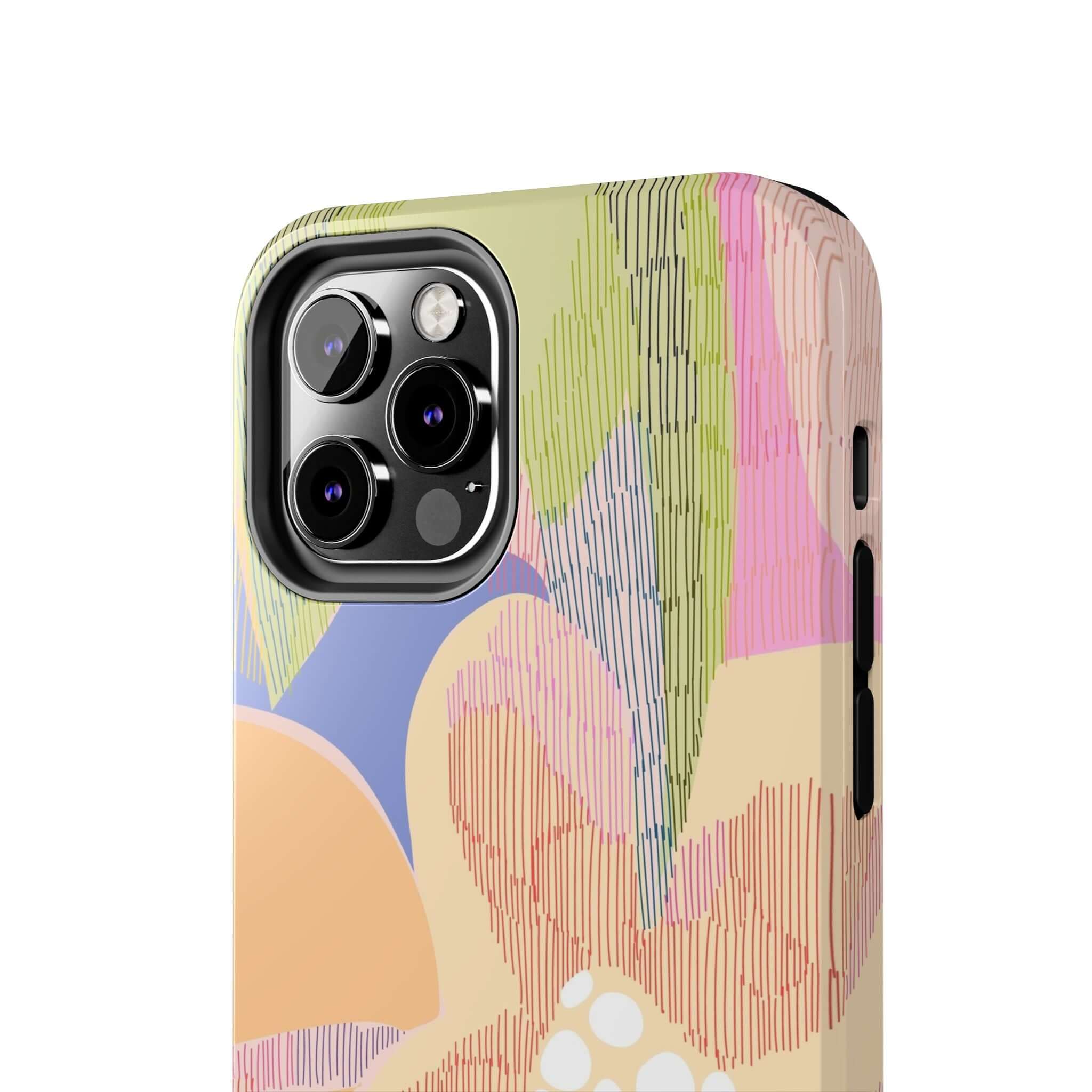 Abstract floral iPhone 14 Pro Max case with colorful, cute design, featuring palm trees and a vibrant aesthetic.