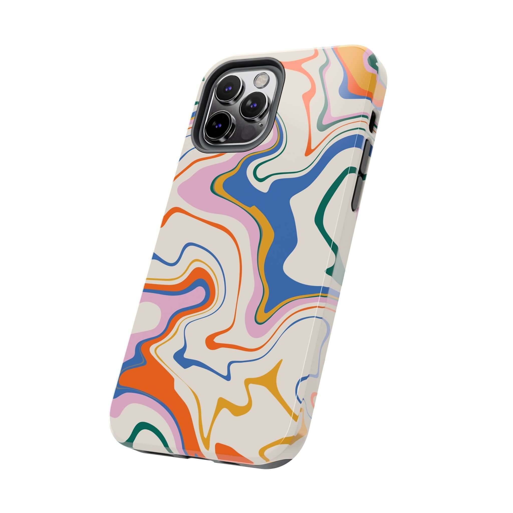 Colorful abstract phone case for iPhone 14 Pro Max with vibrant swirl design, In Another World adds a splash of color and protection.