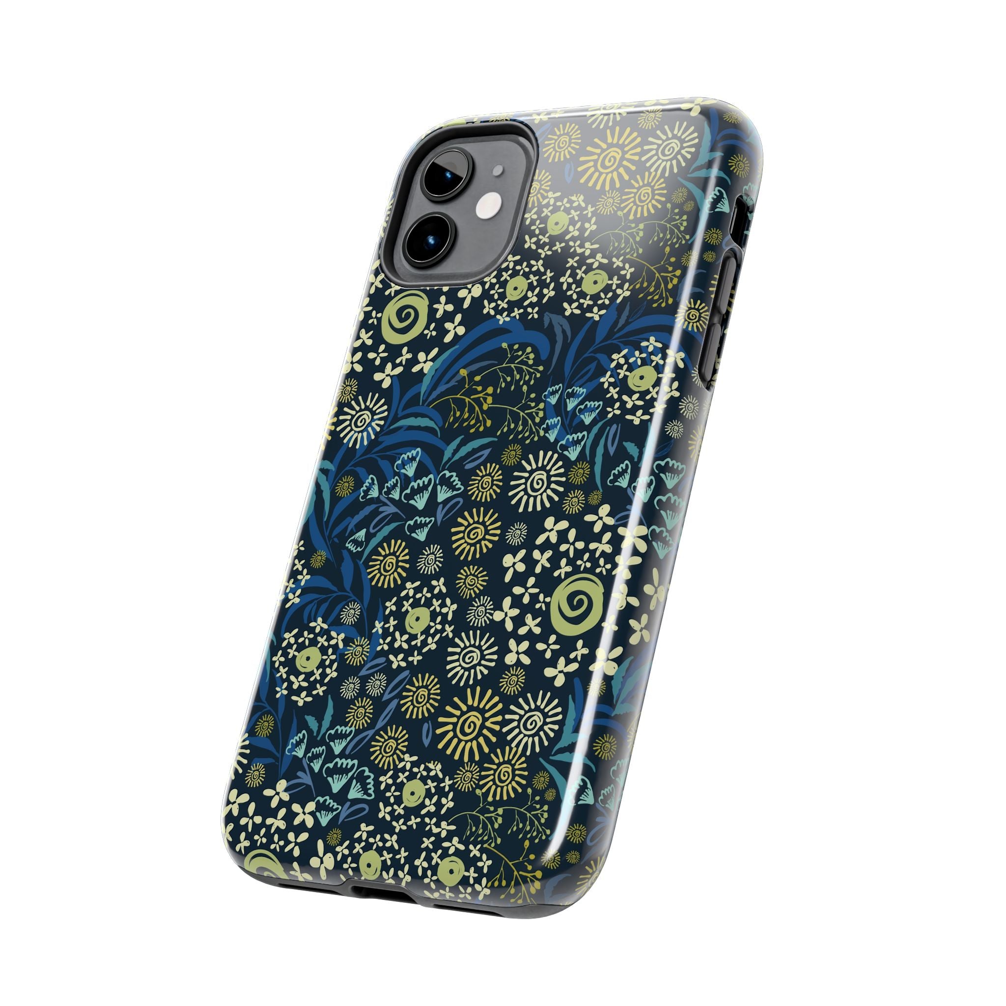 Cute iPhone case with blue floral design, Botanic Breeze. Stylish phone case cover for iPhone with whimsical blue flowers.