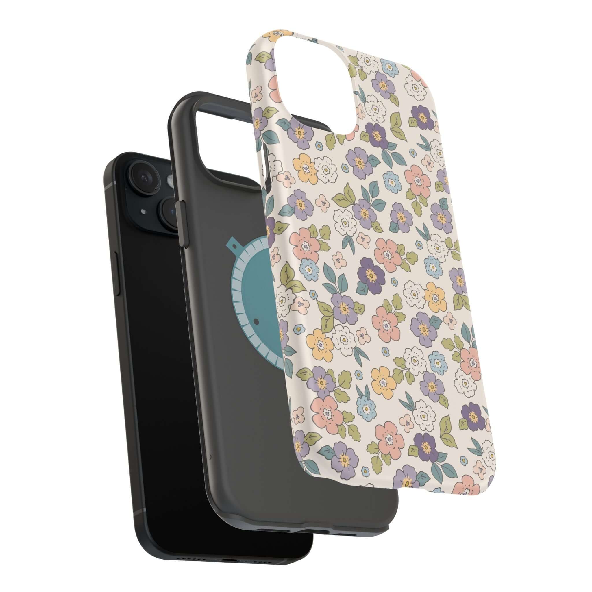 Colorful Ditsy Daisies iPhone case displayed with a sleek black phone, perfect beachy accessory for stylish phone users.