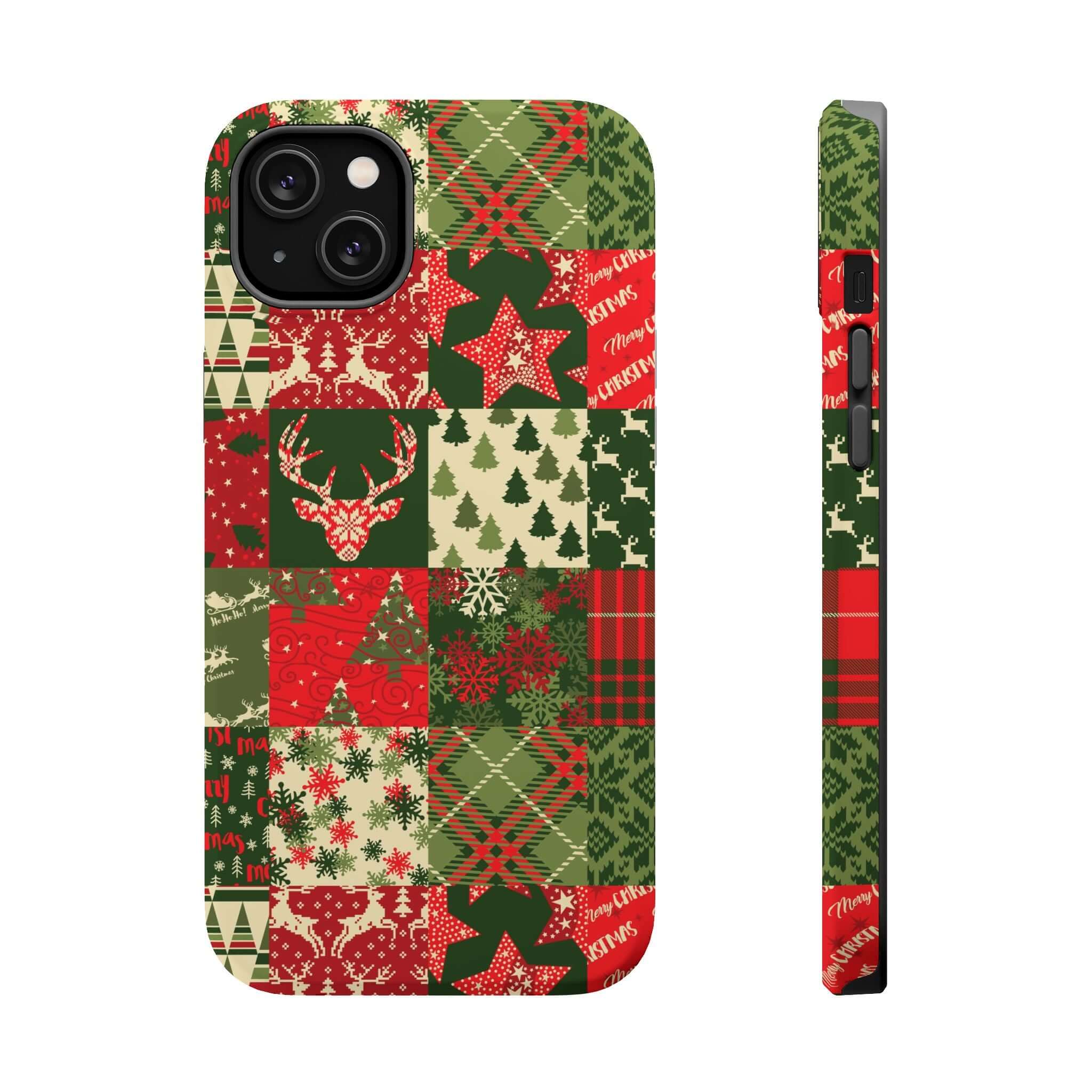 Cozy Quiltmas MagSafe case with festive holiday design, featuring Christmas patterns in red and green. Perfect holiday phone cover.