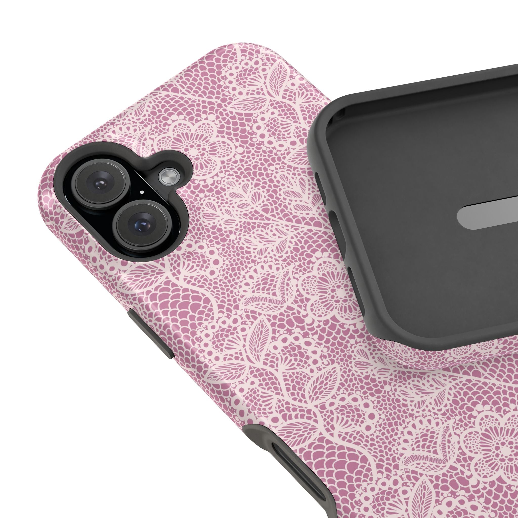 MagSafe iPhone case with pink lace design, offering floral charm and protection. A cute phone cover for style lovers.