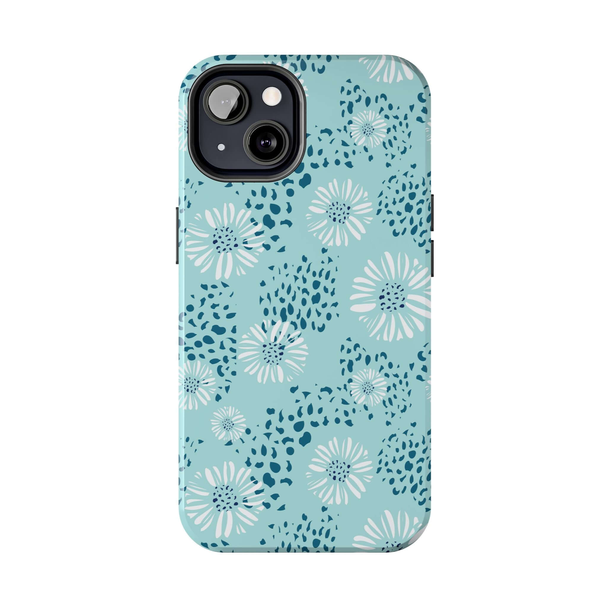 Coastal Aesthetics Floral Beach teal phone case with white flowers, compatible with iPhone 14 Pro Max and Samsung S23