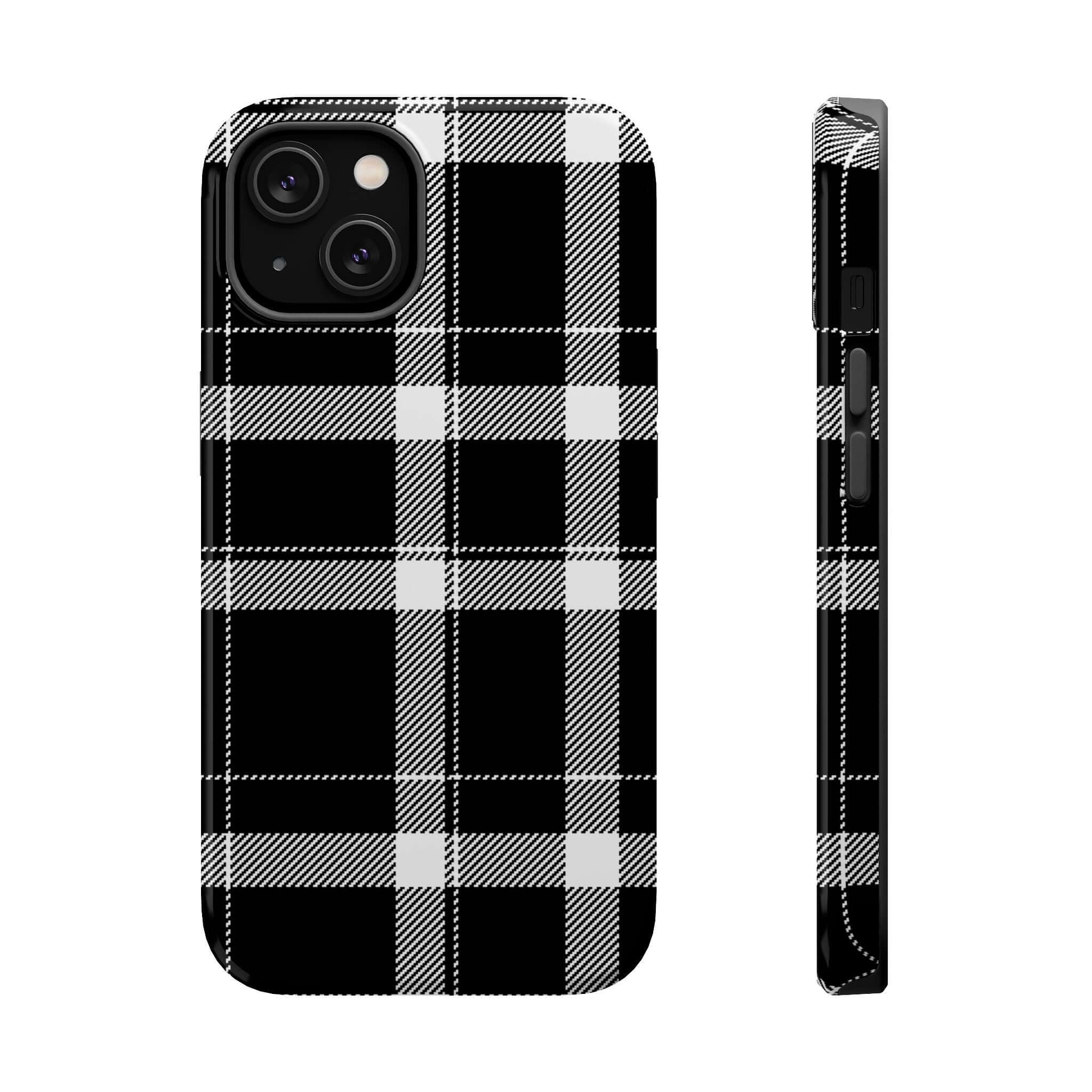 Stylish black plaid phone case for Apple iPhone, blending fashion with protection for the trendy individual.