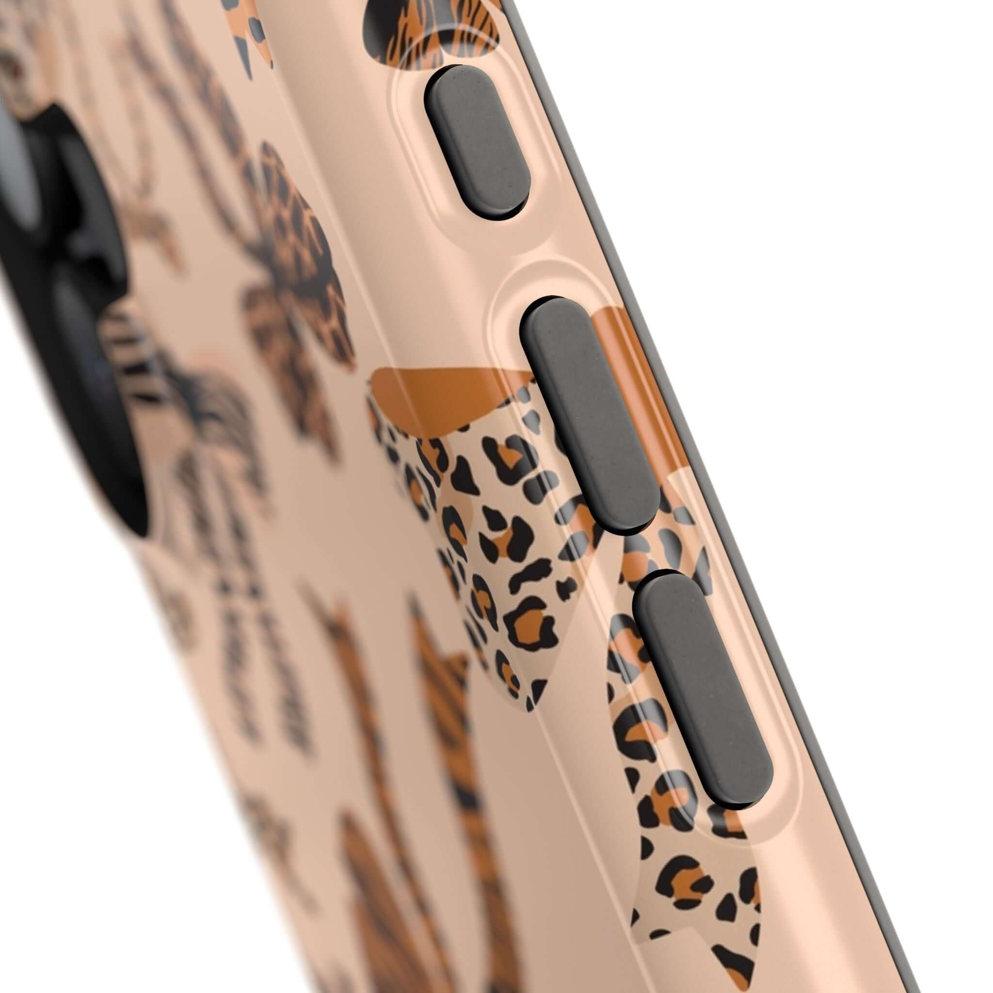 Colorful iPhone case with leopard pattern and cute bows, showcasing a playful and stylish Safari Coquette design.