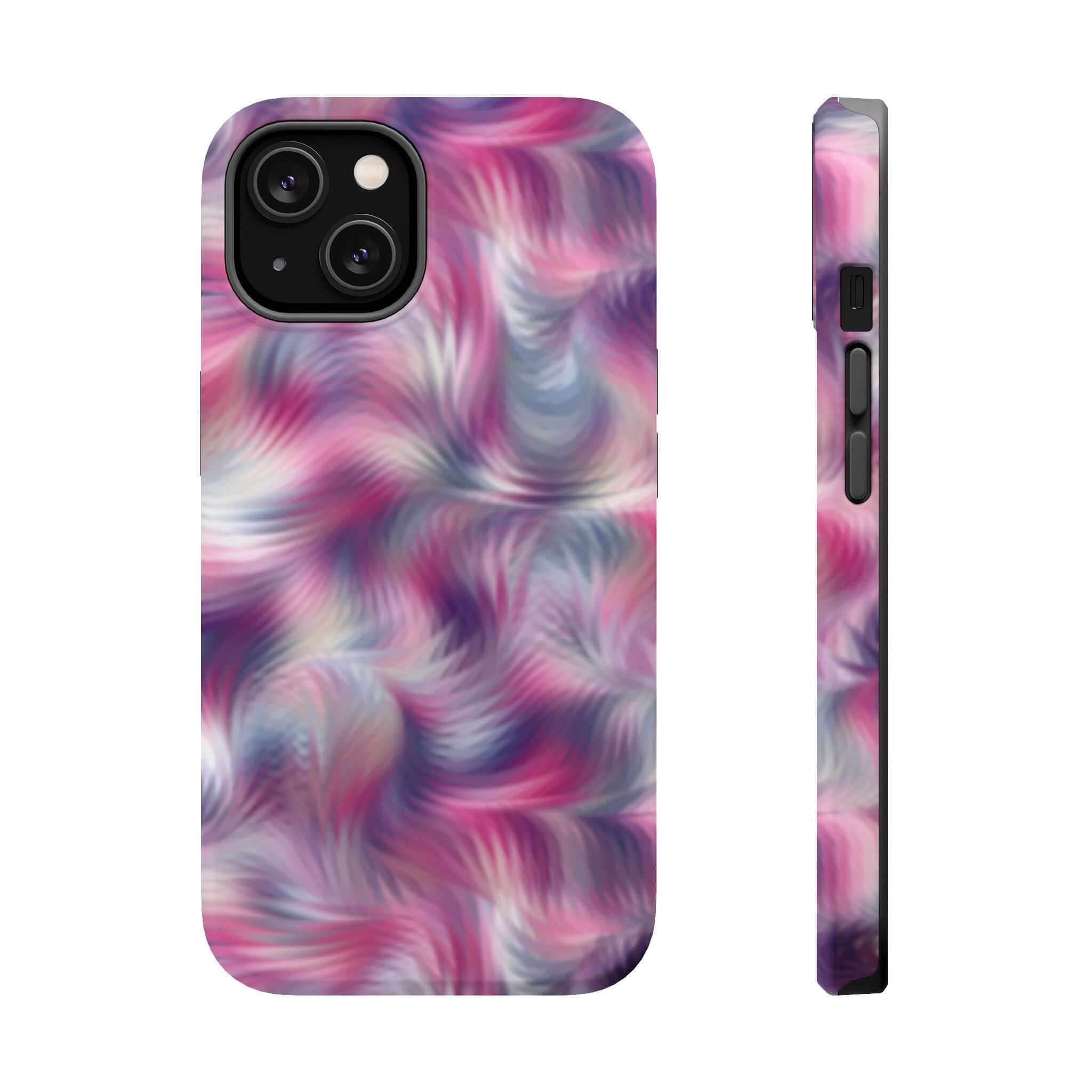 Purple abstract MagSafe iPhone case with tie dye swirl design, cute phone cover for a quirky look.