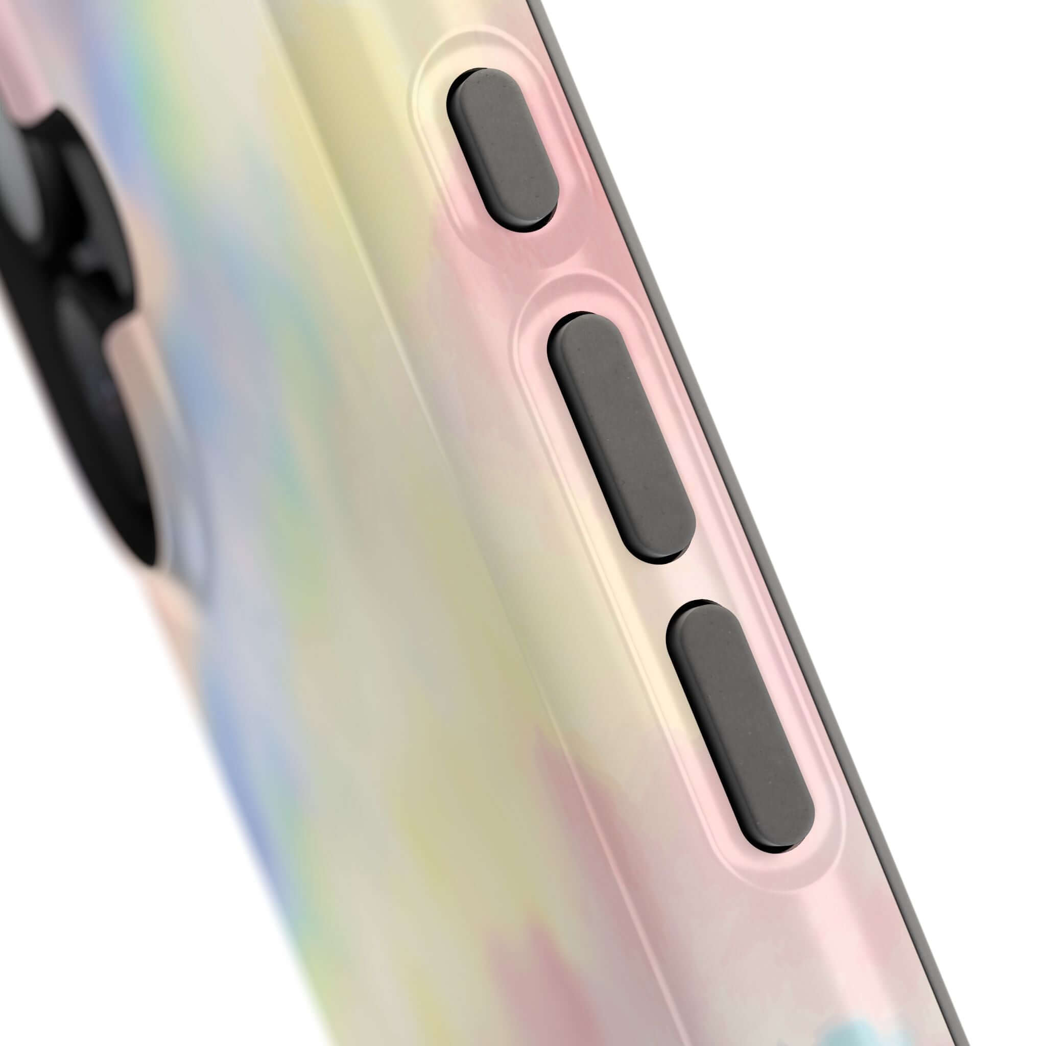 Close-up of a pastel tie dye cute iPhone case showcasing button details and MagSafe compatibility.