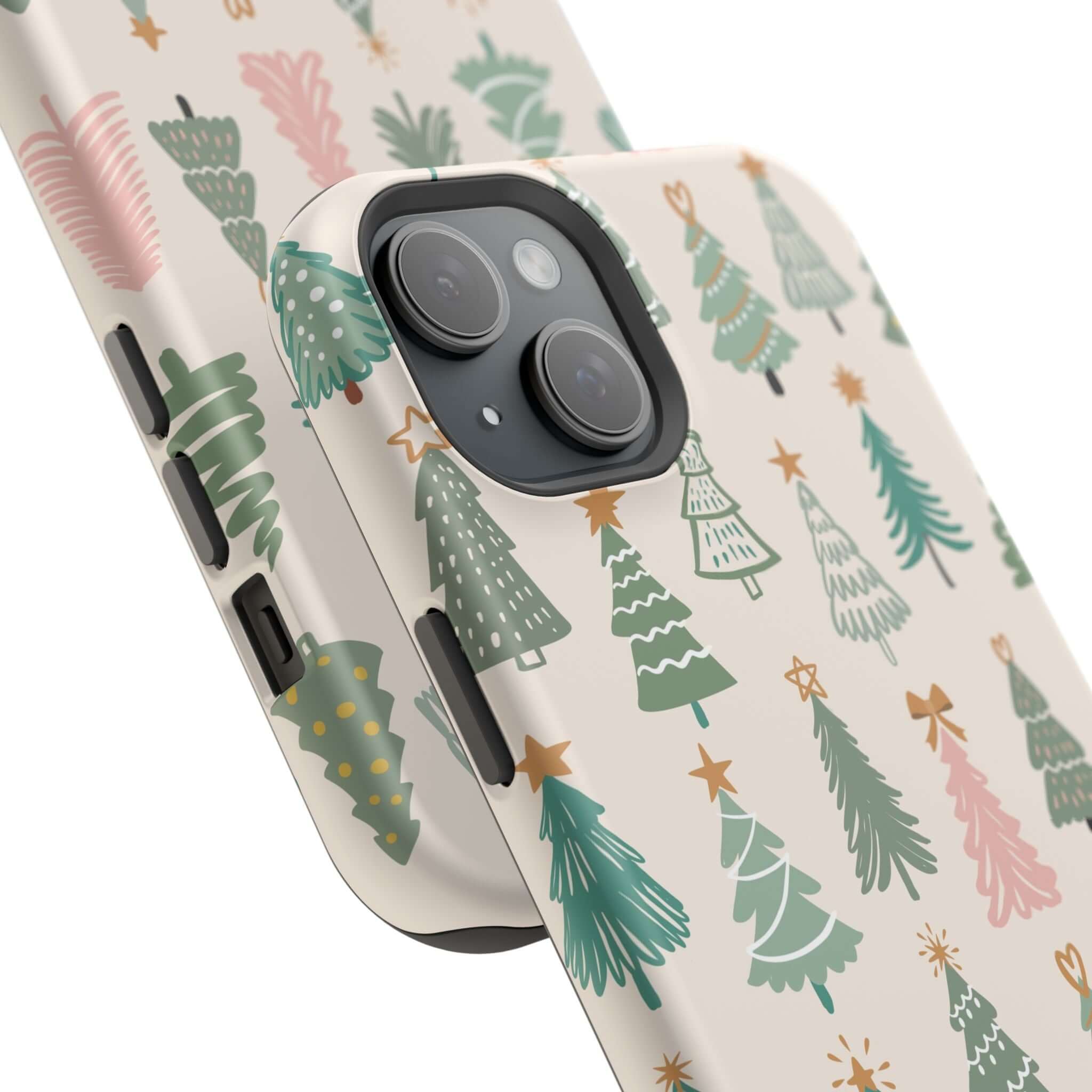 Festive Christmas tree MagSafe phone case with holiday design and colorful trees, perfect as a cute holiday or Xmas phone cover.