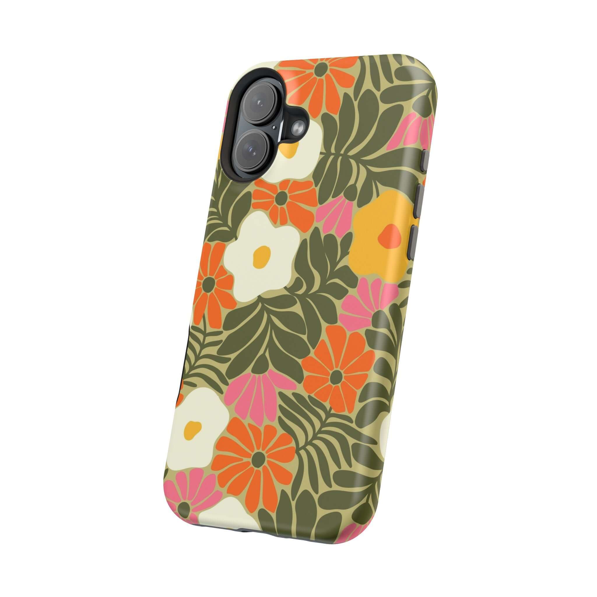 Retro floral phone case featuring vibrant tropical colors, perfect cute cover for Apple iPhone with MagSafe compatibility.