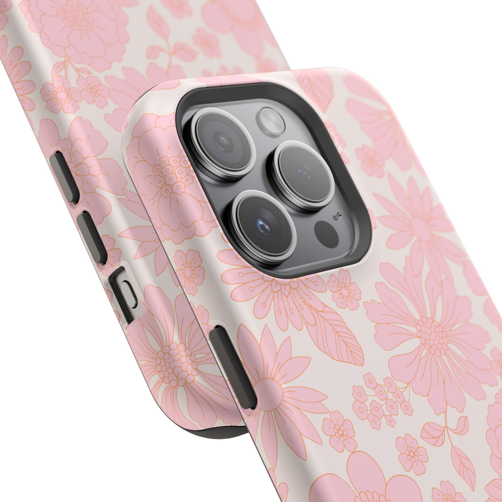 Pink floral iPhone 16 case, Charming Petals design, cute phone cover with MagSafe compatibility, cottagecore aesthetic.