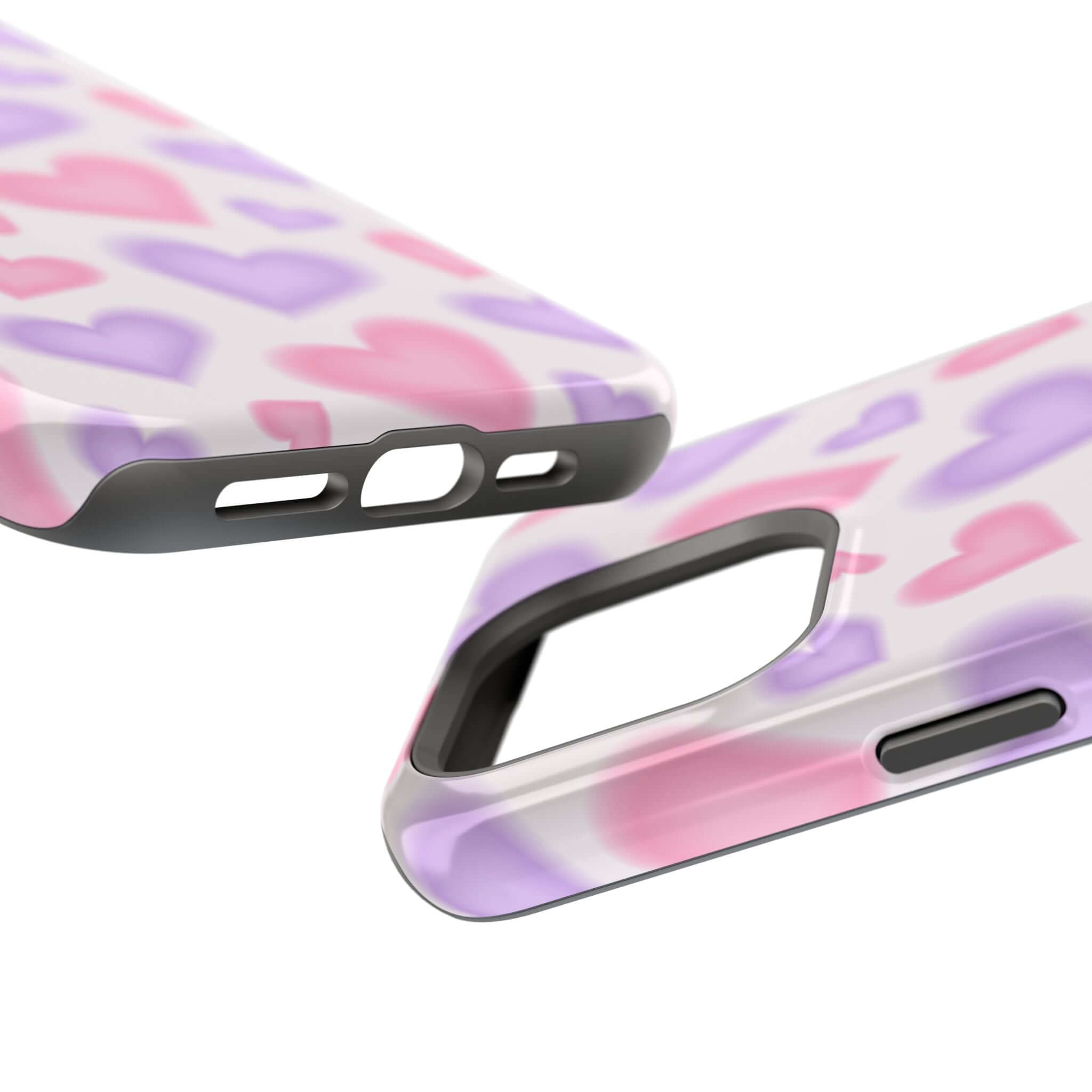 Cute phone cover showcasing pink and purple hearts design, perfect Apple iPhone case with MagSafe technology.