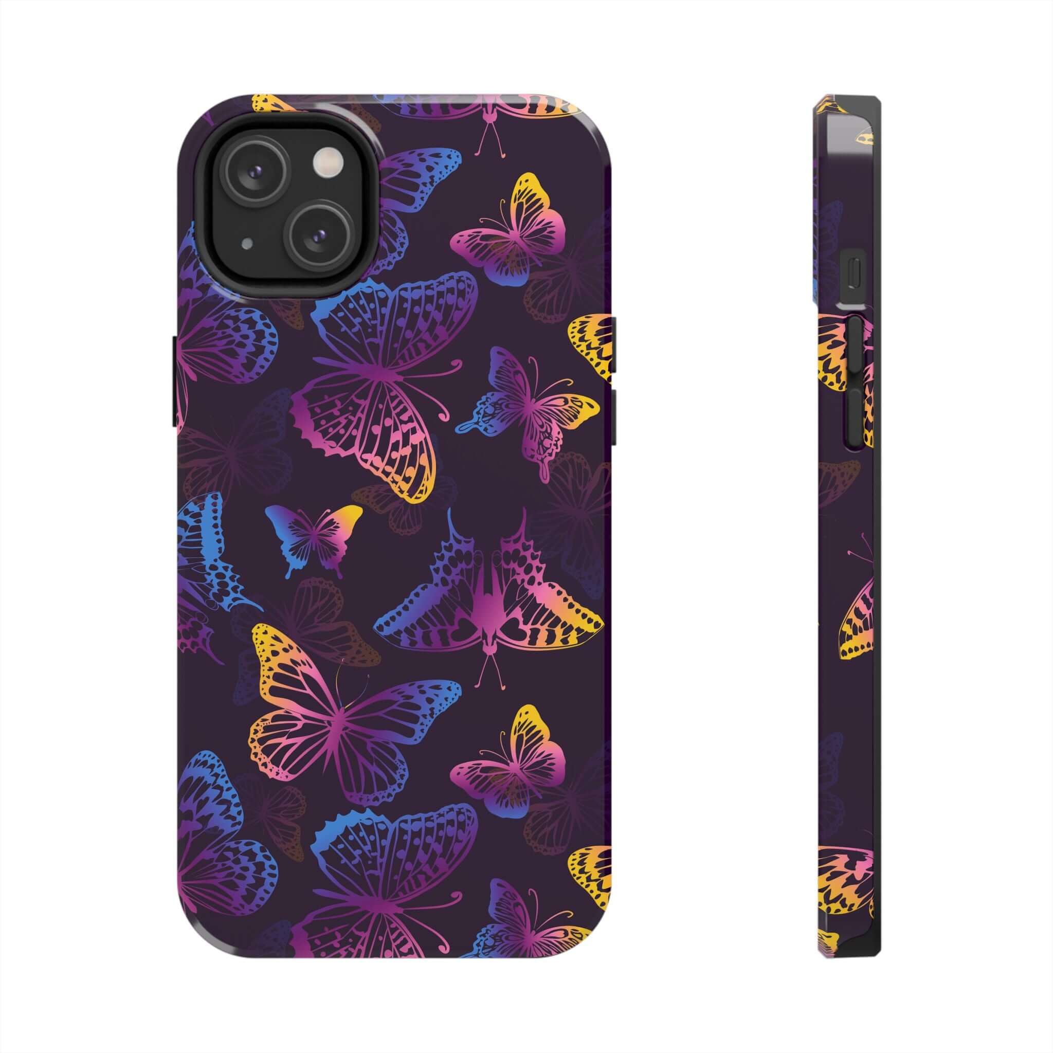 Midnight Flutter black butterfly MagSafe iPhone case, featuring a colorful floral design for a cute and bold phone cover.