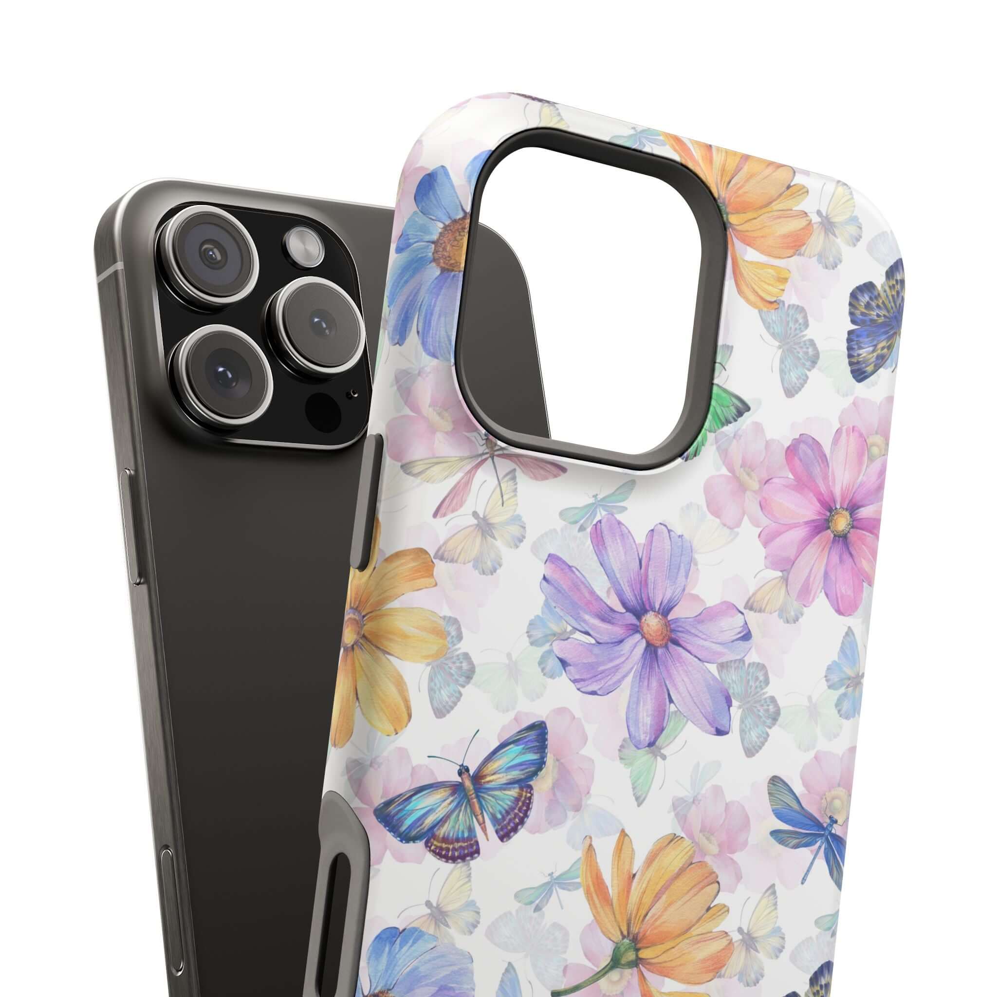 Cute MagSafe compatible iPhone 16 case with whimsical watercolor butterfly and floral design, showcasing a stylish and protective phone cover.