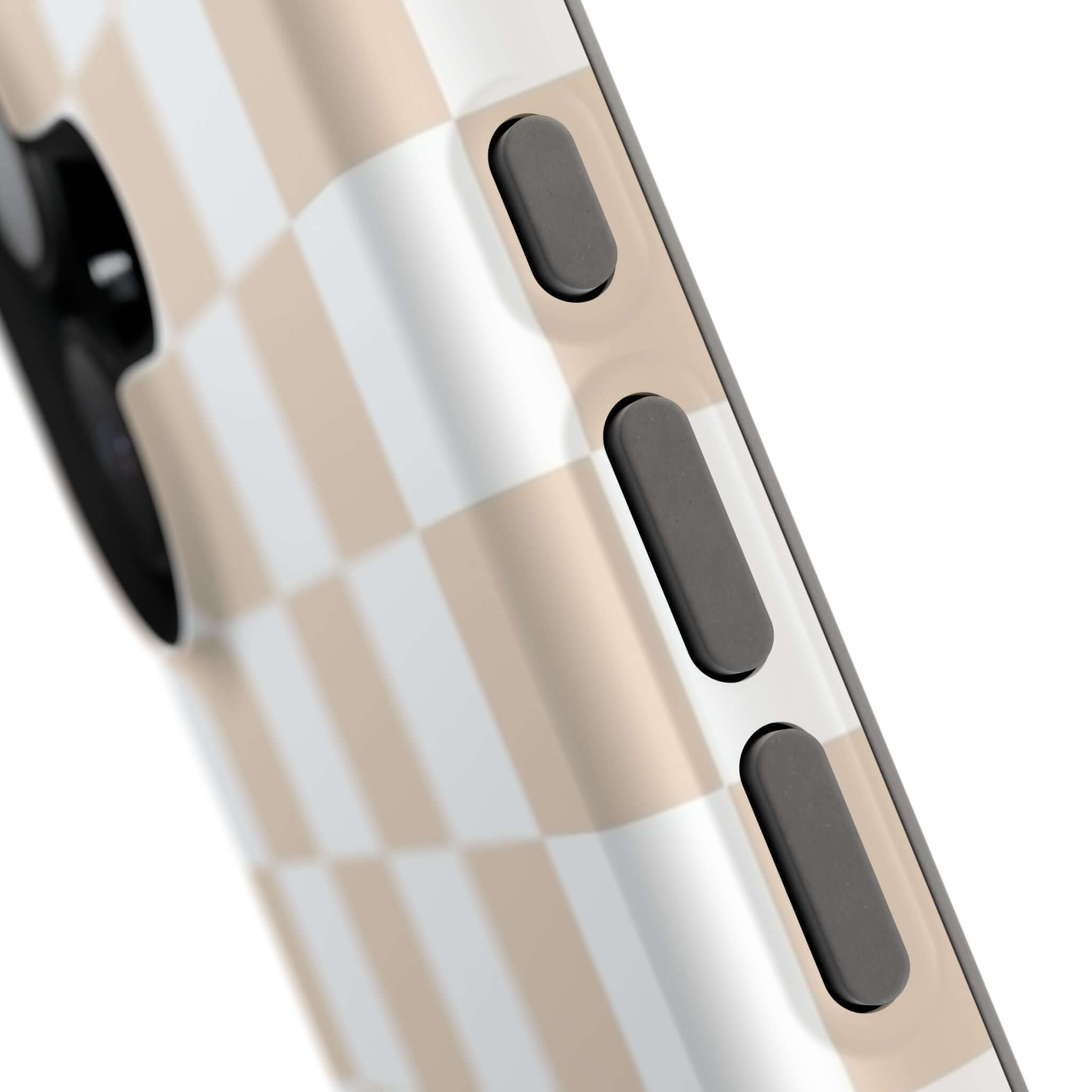 Close-up of Cream Checkered Case, a cute MagSafe iPhone 16 case with a stylish beige checkered print for trendy phone protection.