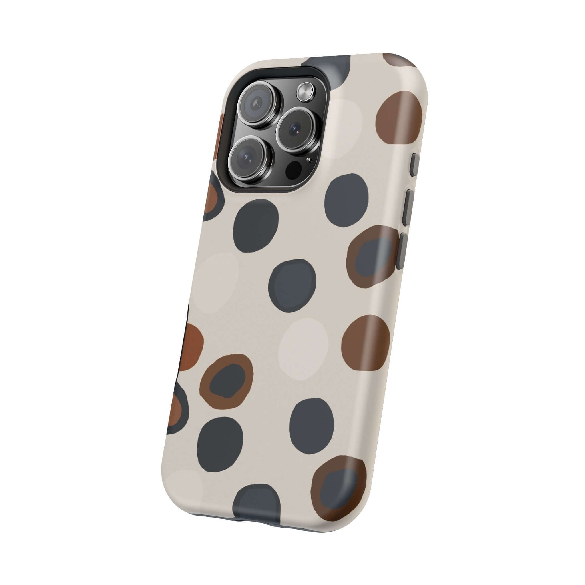 Chic Wanderer Modern Spots Case with colorful abstract design for iPhone, cute phone case with brown and gray spots, MagSafe compatible.