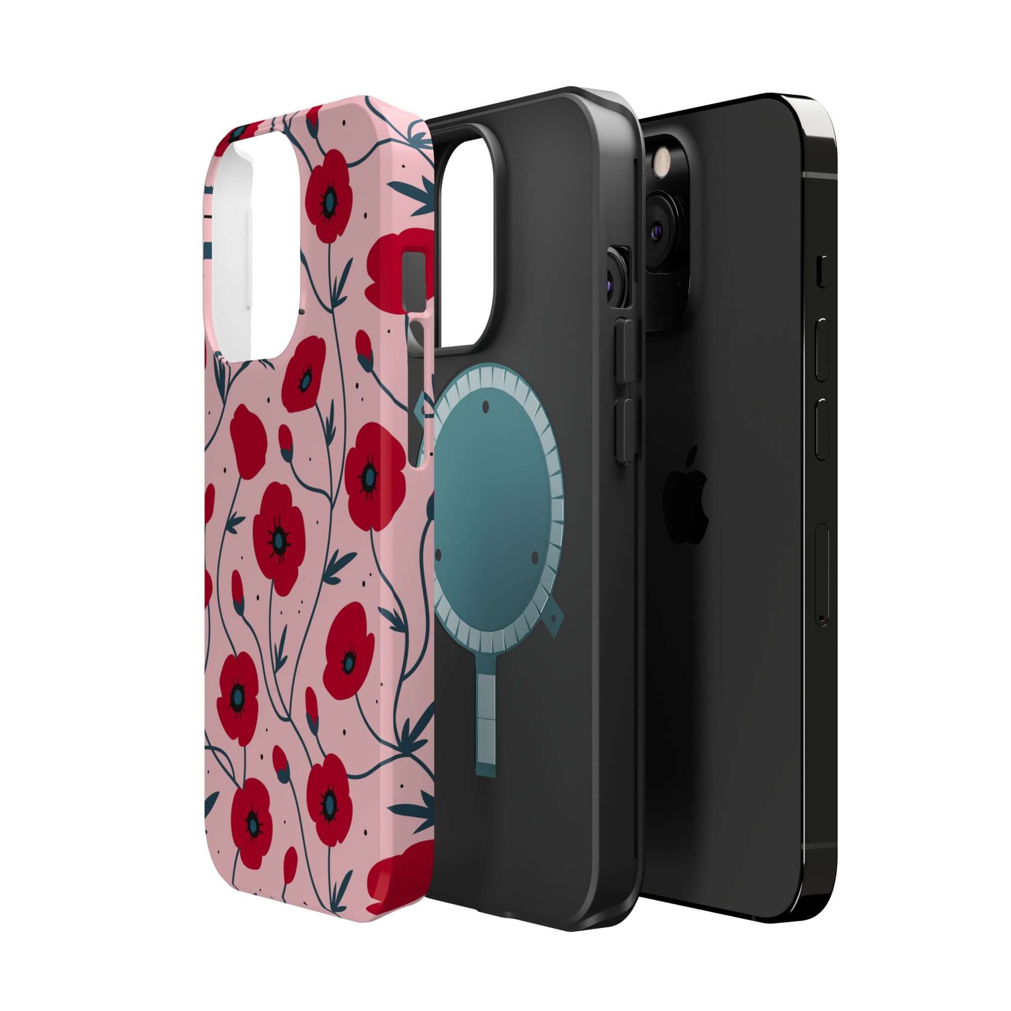 Pink n Poppy Pink Floral Case next to black iPhone showing stylish cute flower design and free shipping.