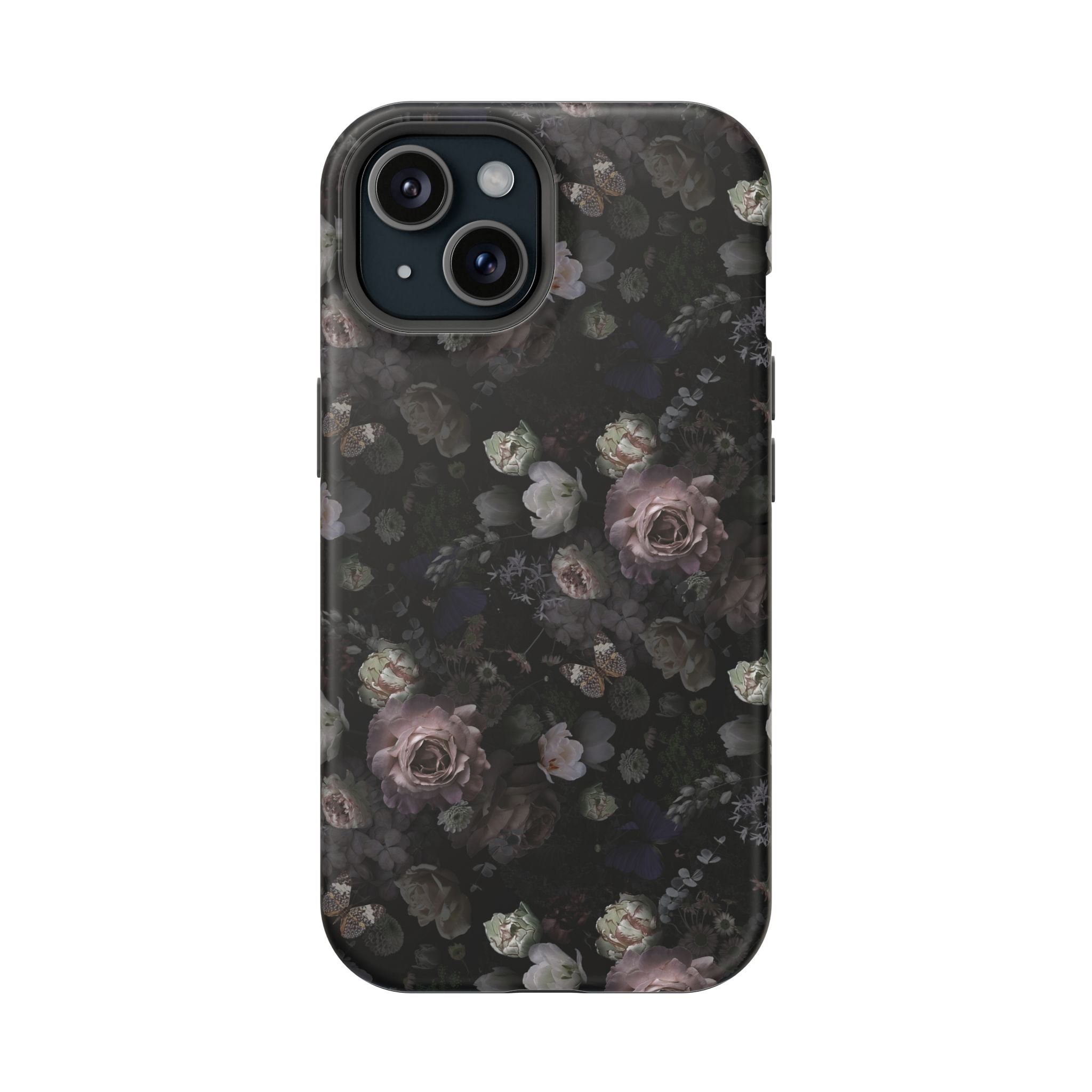 Midnight Curse Black Floral MagSafe iPhone Case, Cute Phone Cover with Dark Roses, Stylish and Trendy Floral iPhone Case