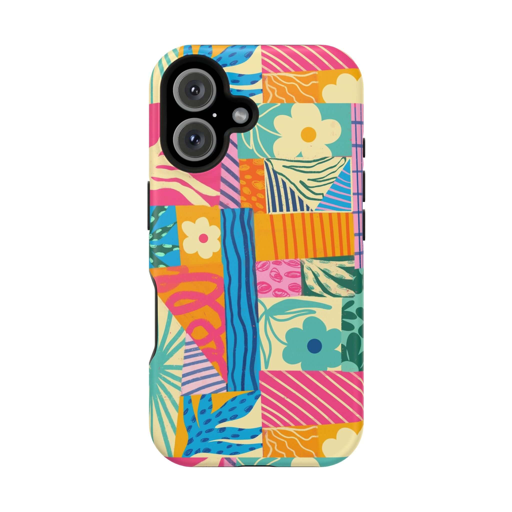 Colorful Sunny Tides patchwork phone case for iPhone 16; cute design perfect for beach lovers seeking a playful style boost.