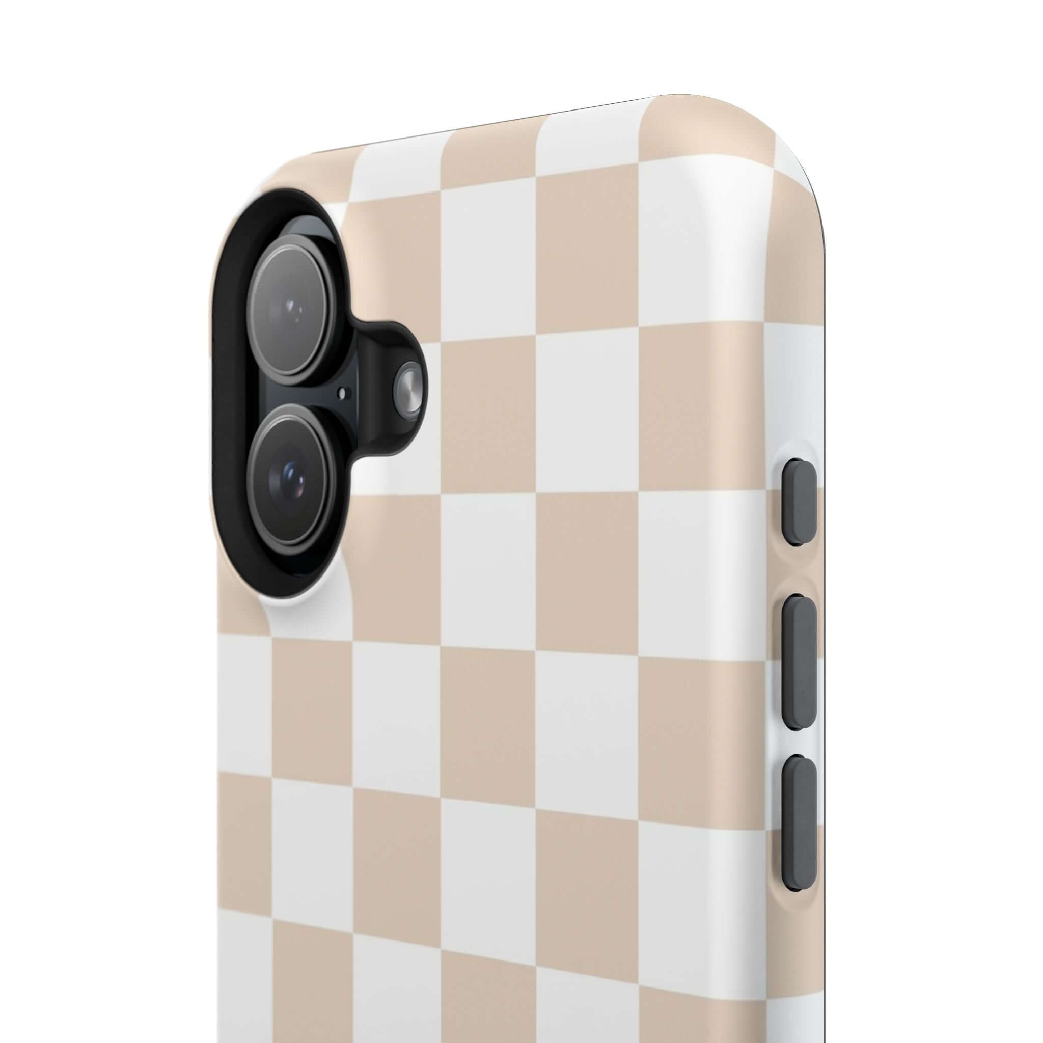 Cream checkered MagSafe iPhone 16 case with protective design and cute beige print