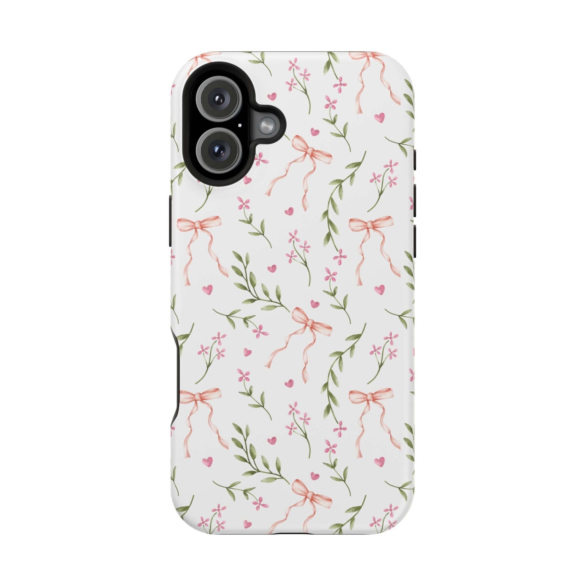 Pink Coquette MagSafe iPhone Case with floral and bow patterns, cute phone cover by Darling Daydream.