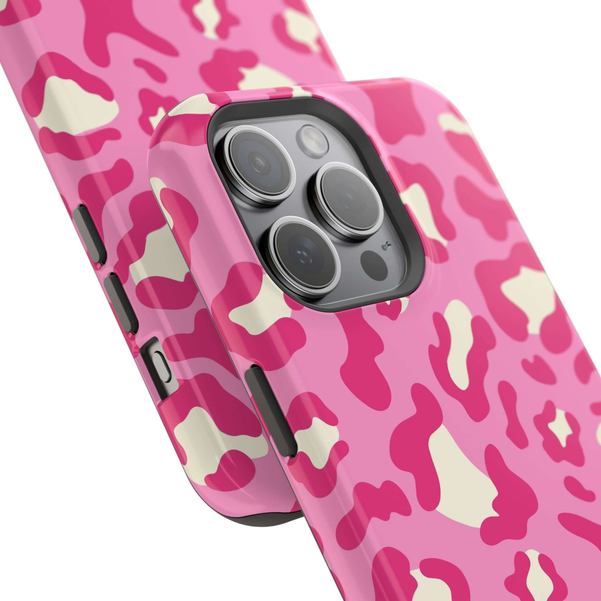 Pink Preppy Cheetah MagSafe case for iPhone 14 Pro Max, showing stylish and colorful phone protection with wild cheetah print design