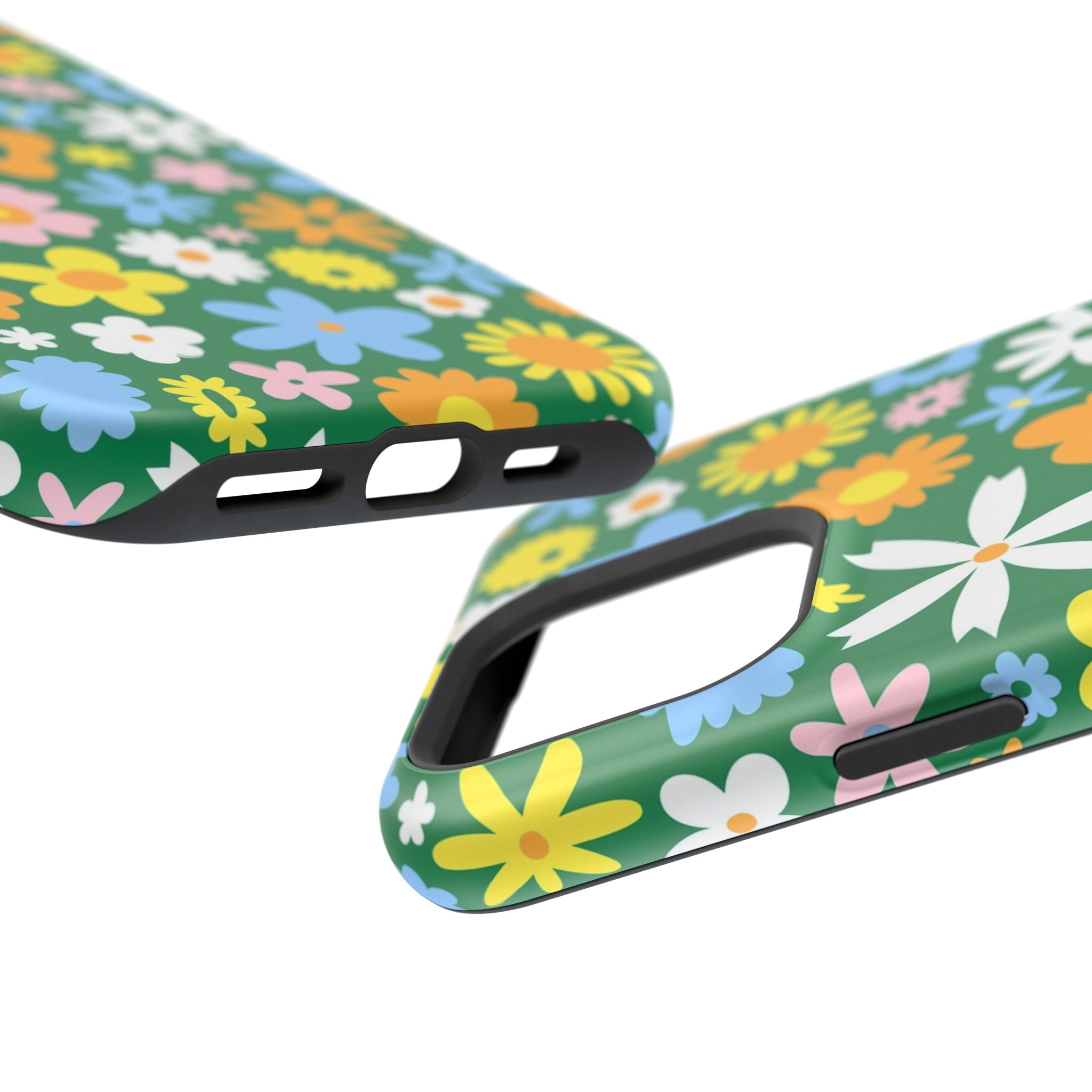 Vibrant hippie floral MagSafe iPhone case with colorful flowers on a green background, perfect cute phone cover for style and protection.