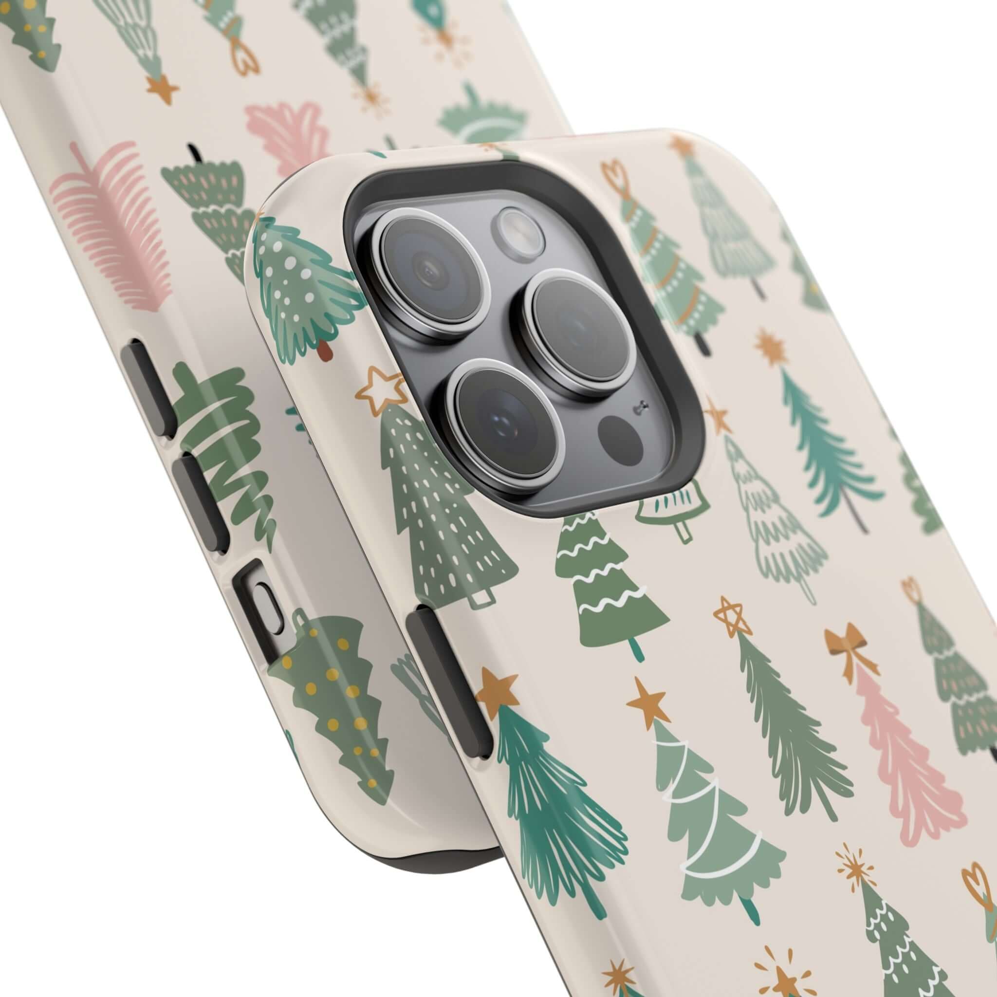 Festive O Christmas Tree MagSafe case with cute holiday design featuring various Christmas trees on a phone cover.