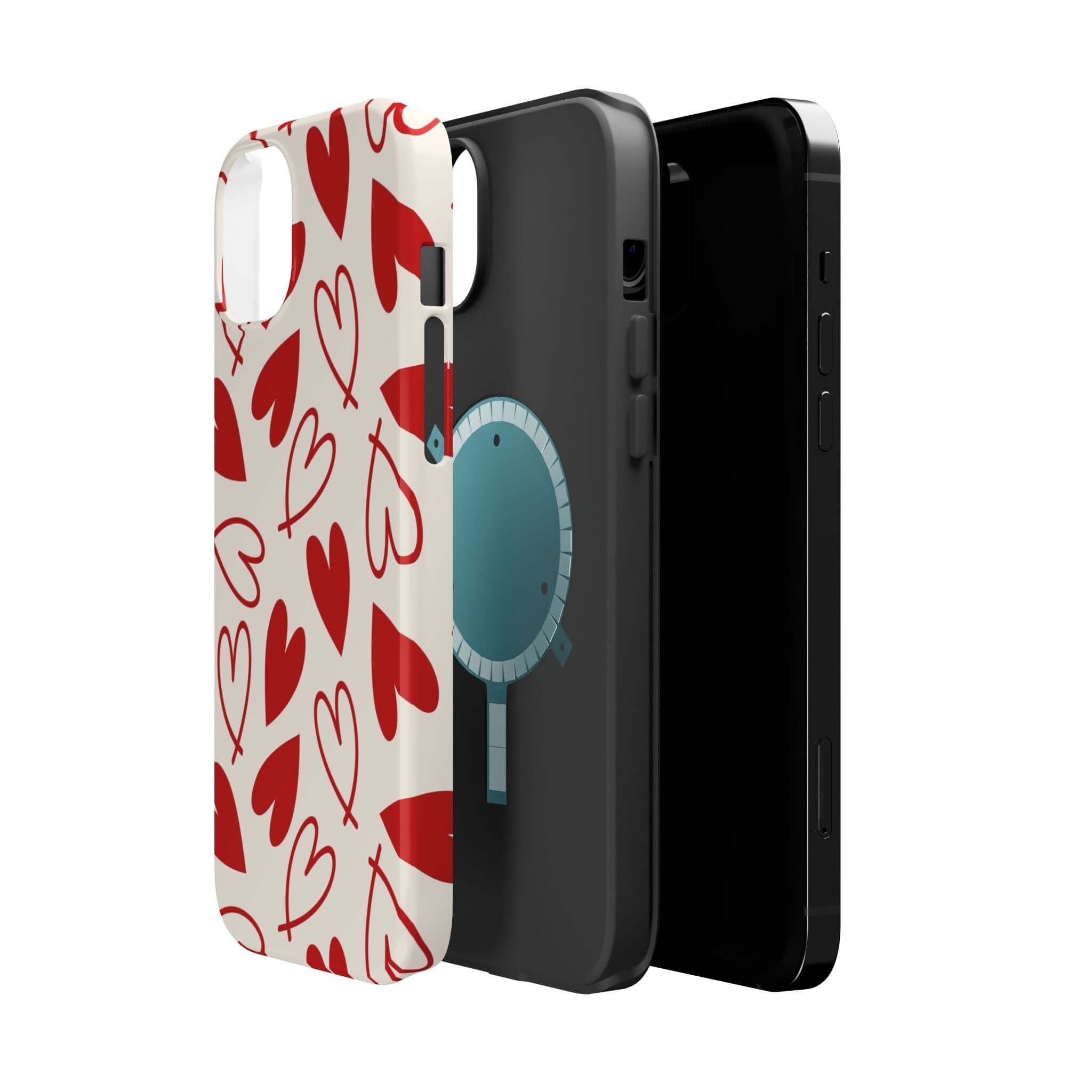 Cute phone cover with playful red hearts design, Be Mine iPhone case shown in multiple angles and layers.