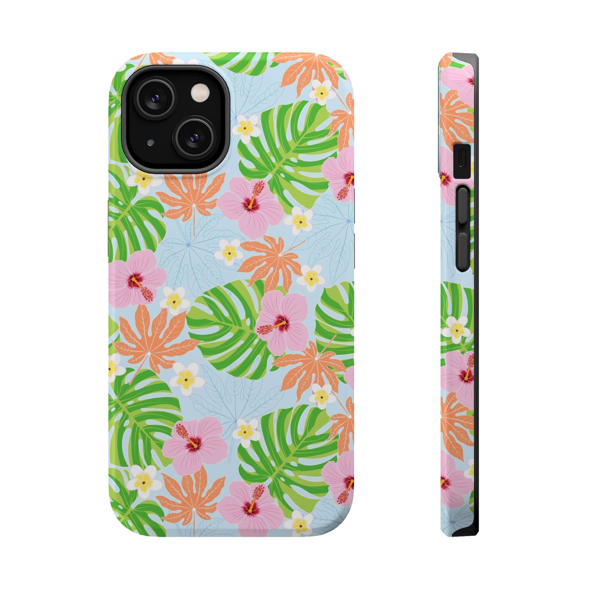 Island Hibiscus MagSafe iPhone 14 Pro case with tropical floral design, featuring colorful flowers and green leaves for a cute phone cover.