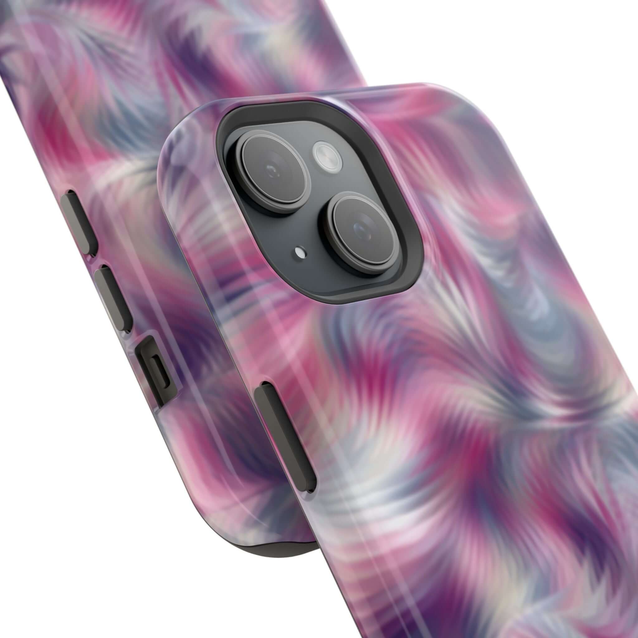 MagSafe iPhone case with purple tie dye swirl design, cute and quirky phone cover, abstract style, perfect for playful personalities.