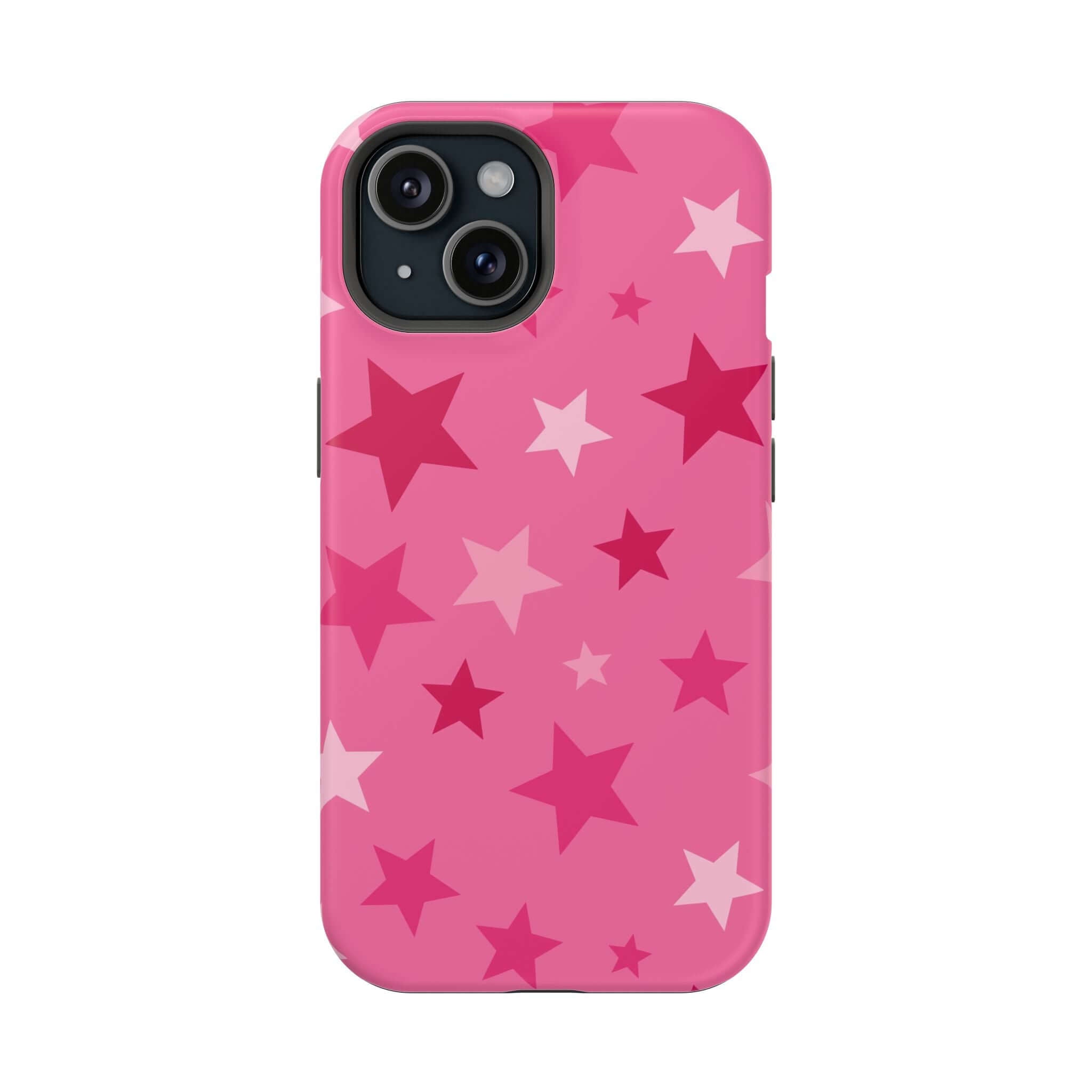 Cute pink iPhone case with colorful star patterns, perfect for adding flair to your Apple device.