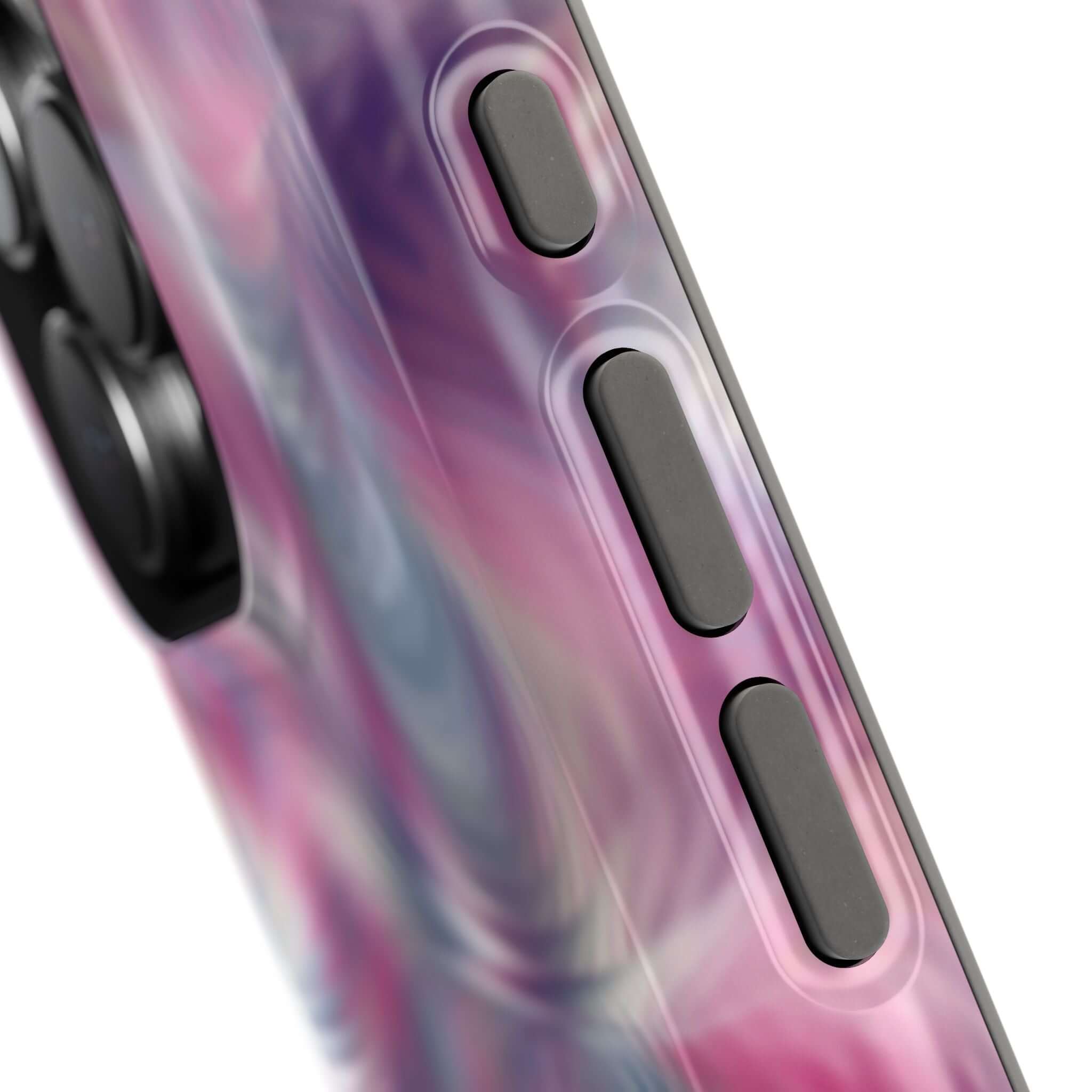 MagSafe iPhone case with purple abstract tie dye swirl design, close-up view of cute phone cover buttons.