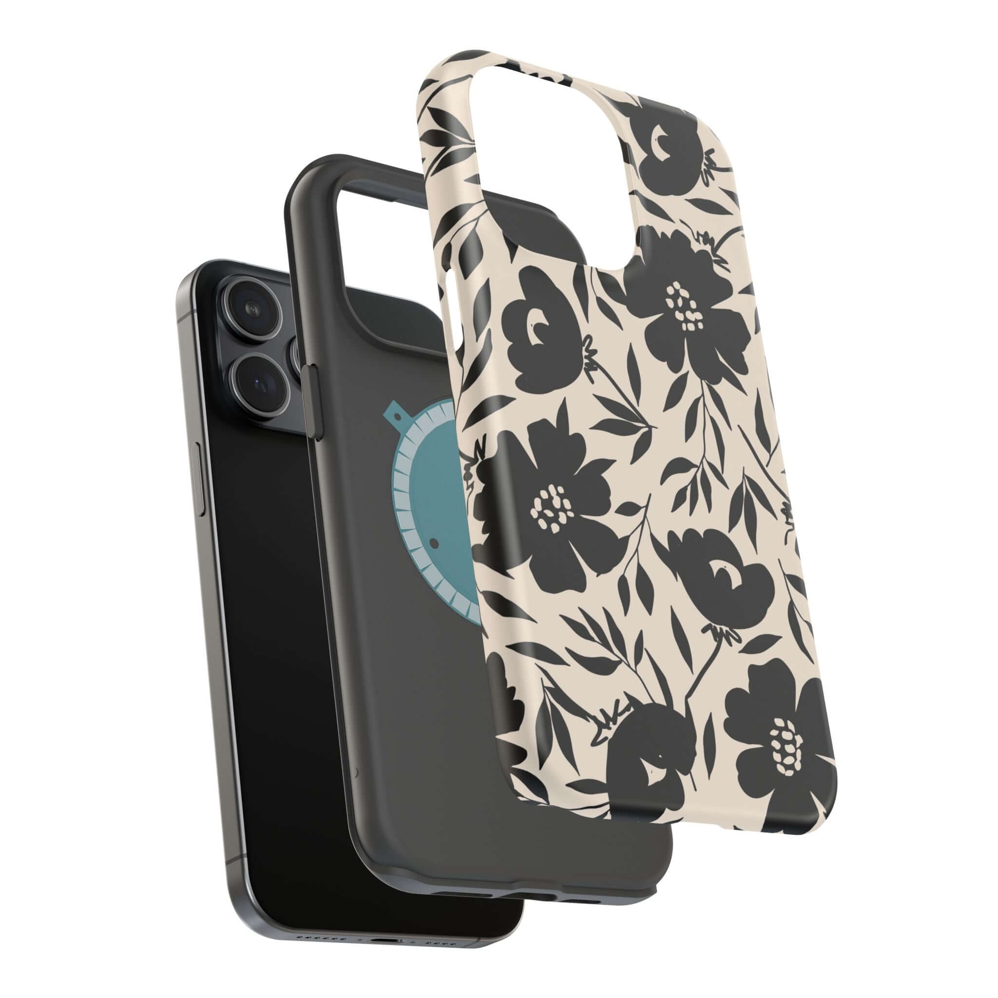 Eclipse Garden black floral iPhone 16 case, cute phone case with bold flower design, unique accessory.