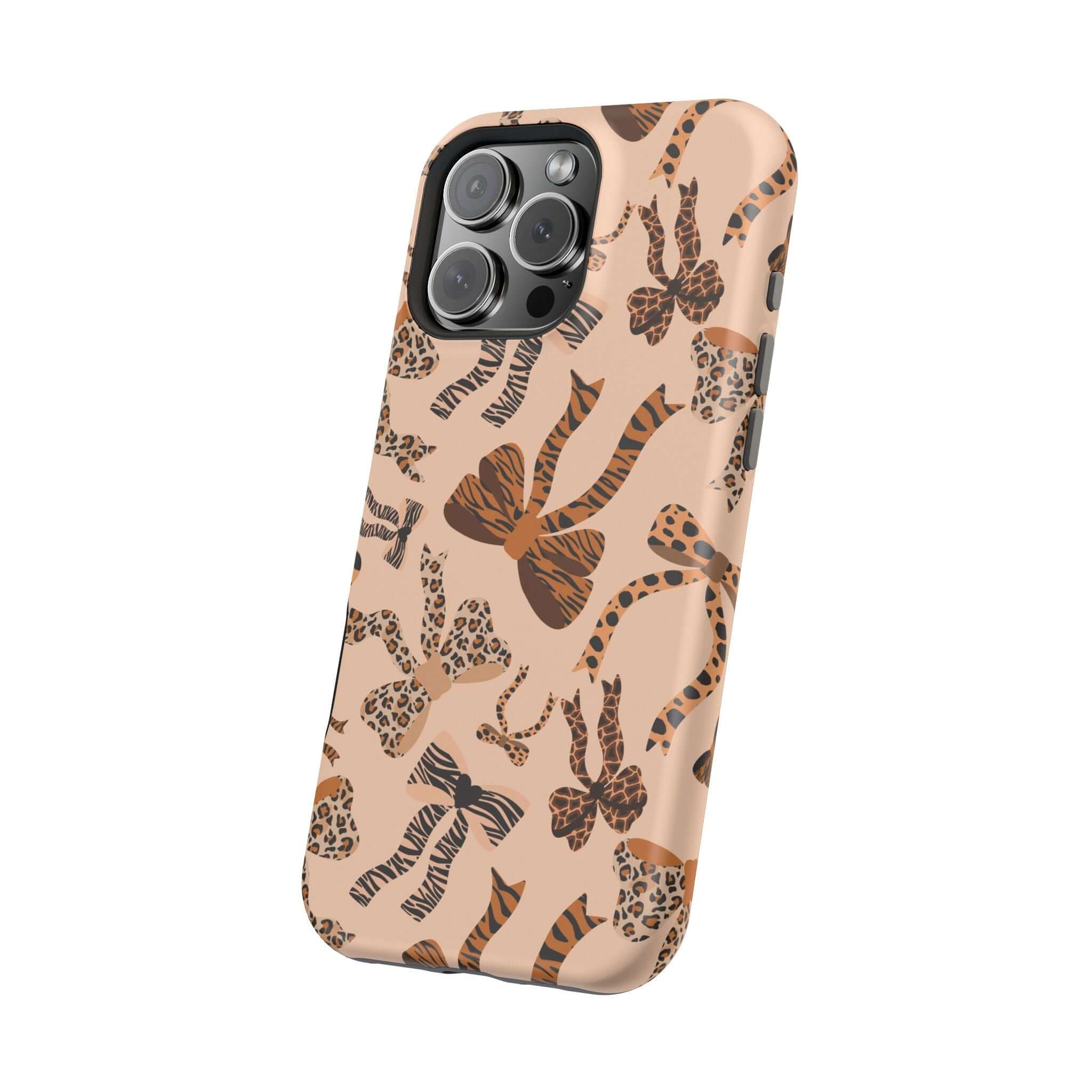 Colorful iPhone MagSafe case with cute coquette bows and fierce leopard pattern, showcasing an abstract and stylish design.