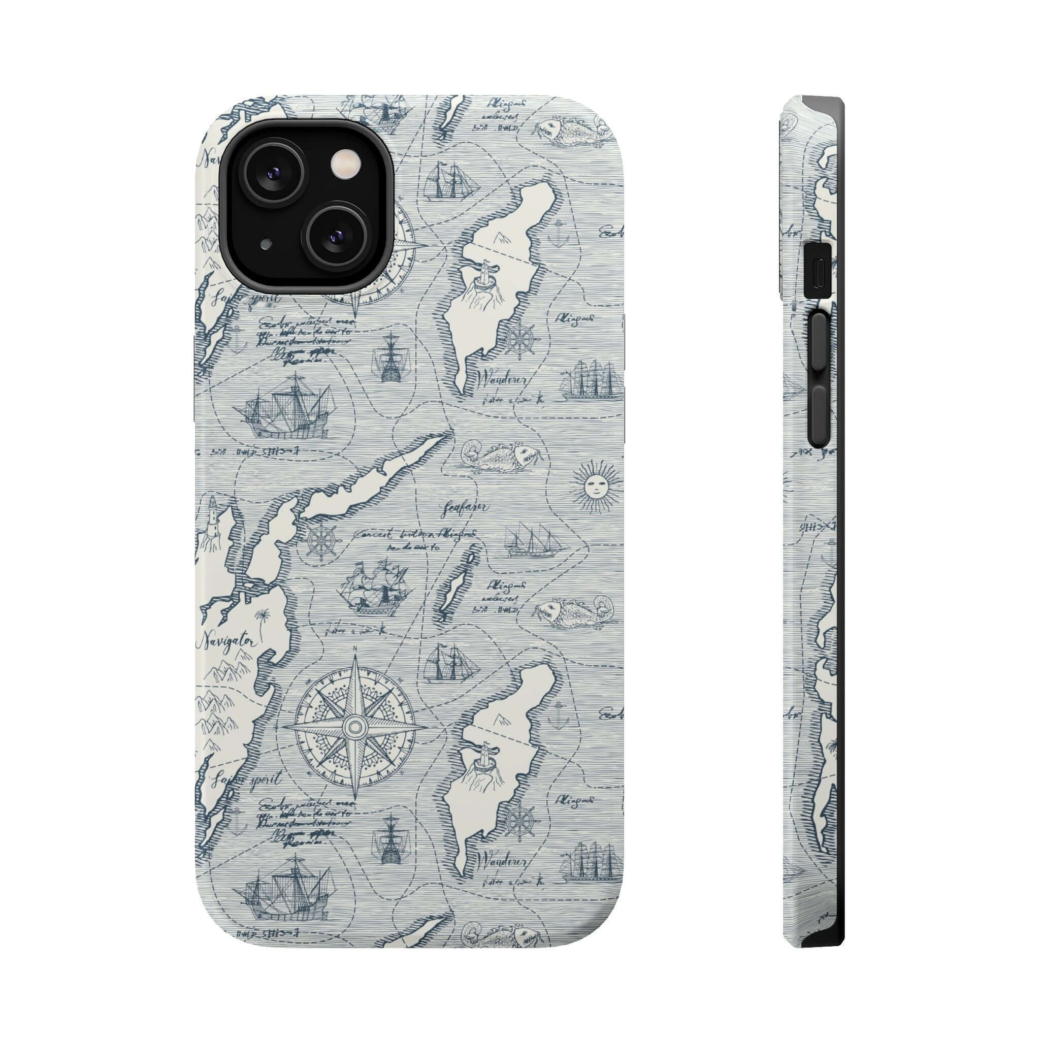 Teal Pirates Passageway iPhone 14 Pro Max case with MagSafe featuring a nautical map design for protection and style.