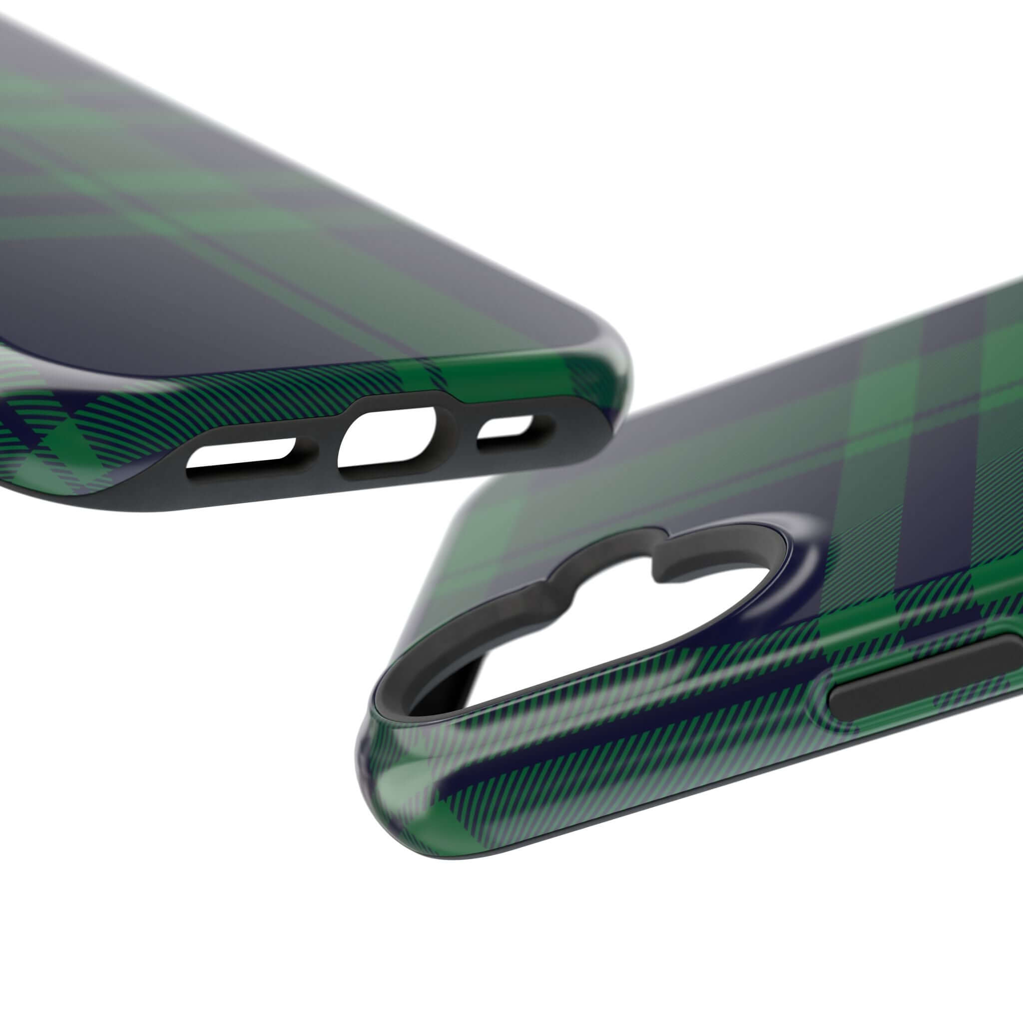 Close-up of Mistletoe Plaid MagSafe Case showcasing its cute plaid design and precise cutouts for iPhone.