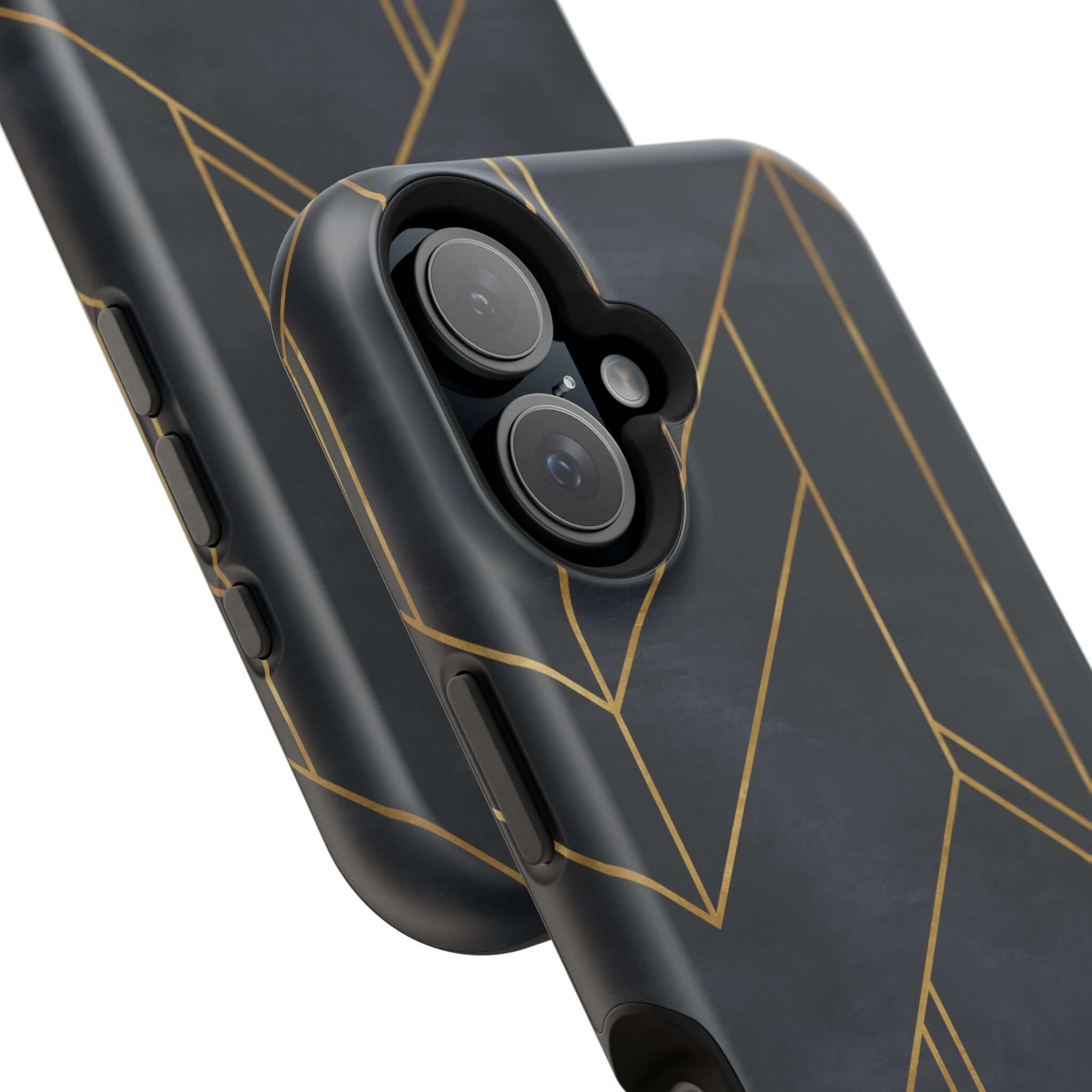 Modern geometric iPhone case with sleek black and gold abstract design, offering stylish protection for your phone.