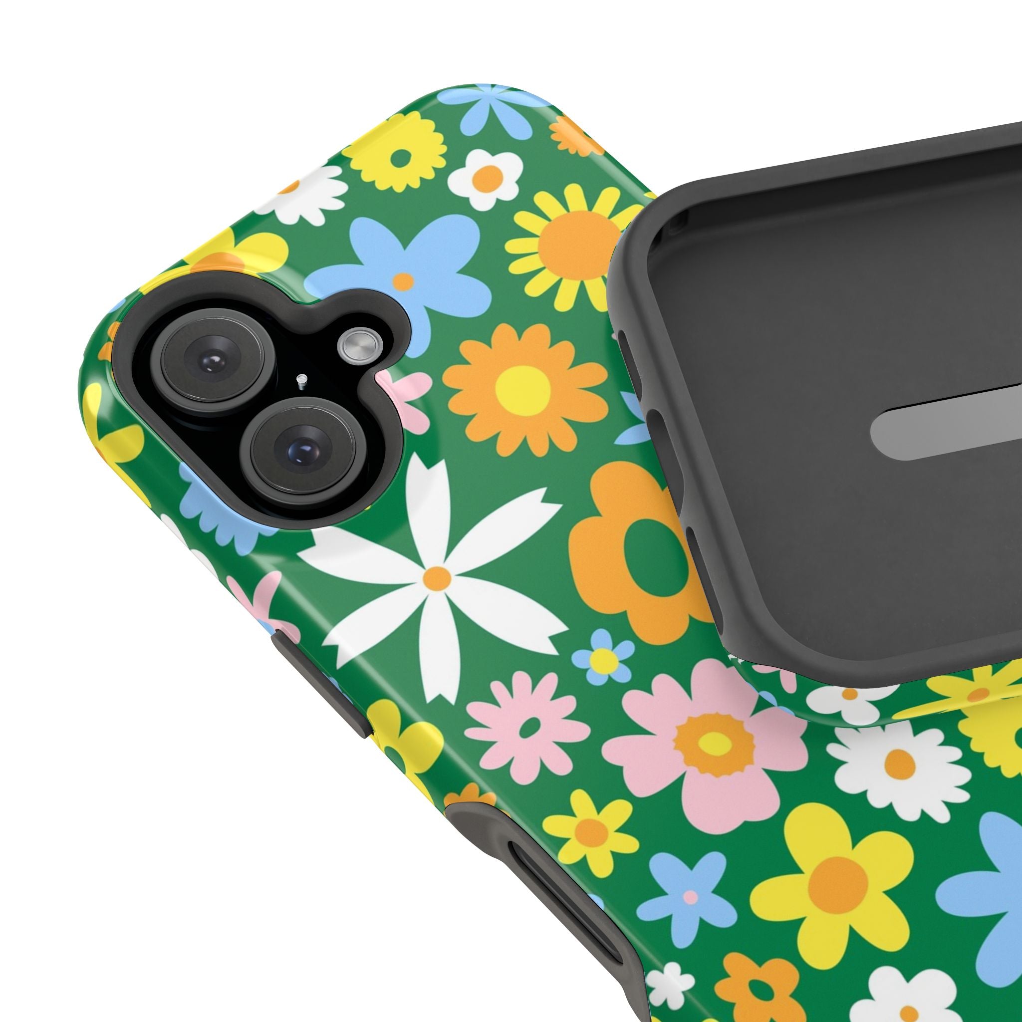 Vibrant floral MagSafe iPhone case with cheerful hippie design, perfect cute phone cover with green and colorful flowers.