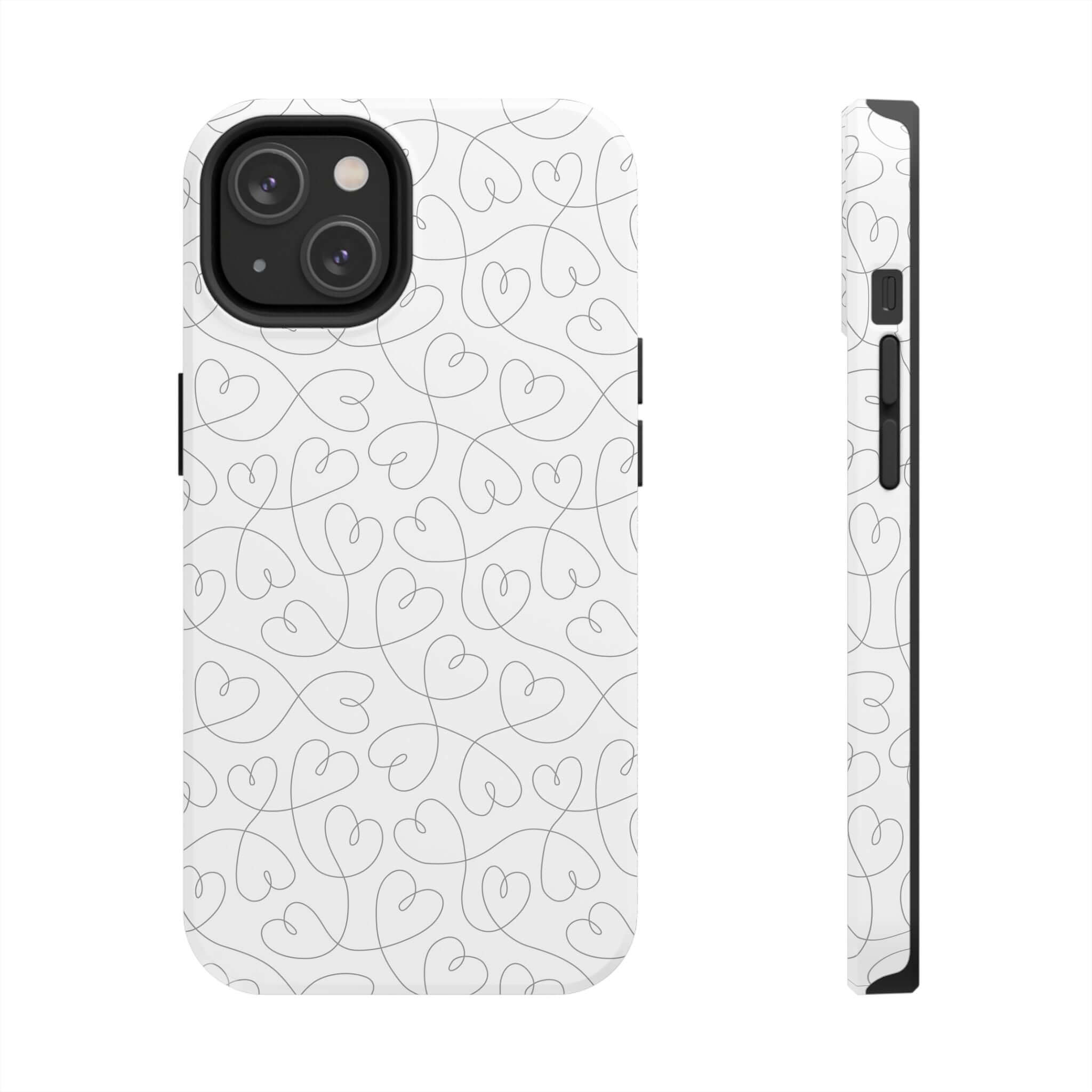 Silver Hearts Romance phone case with abstract hearts on silver background for iPhone 14 Pro Max, perfect cute phone case for weddings.