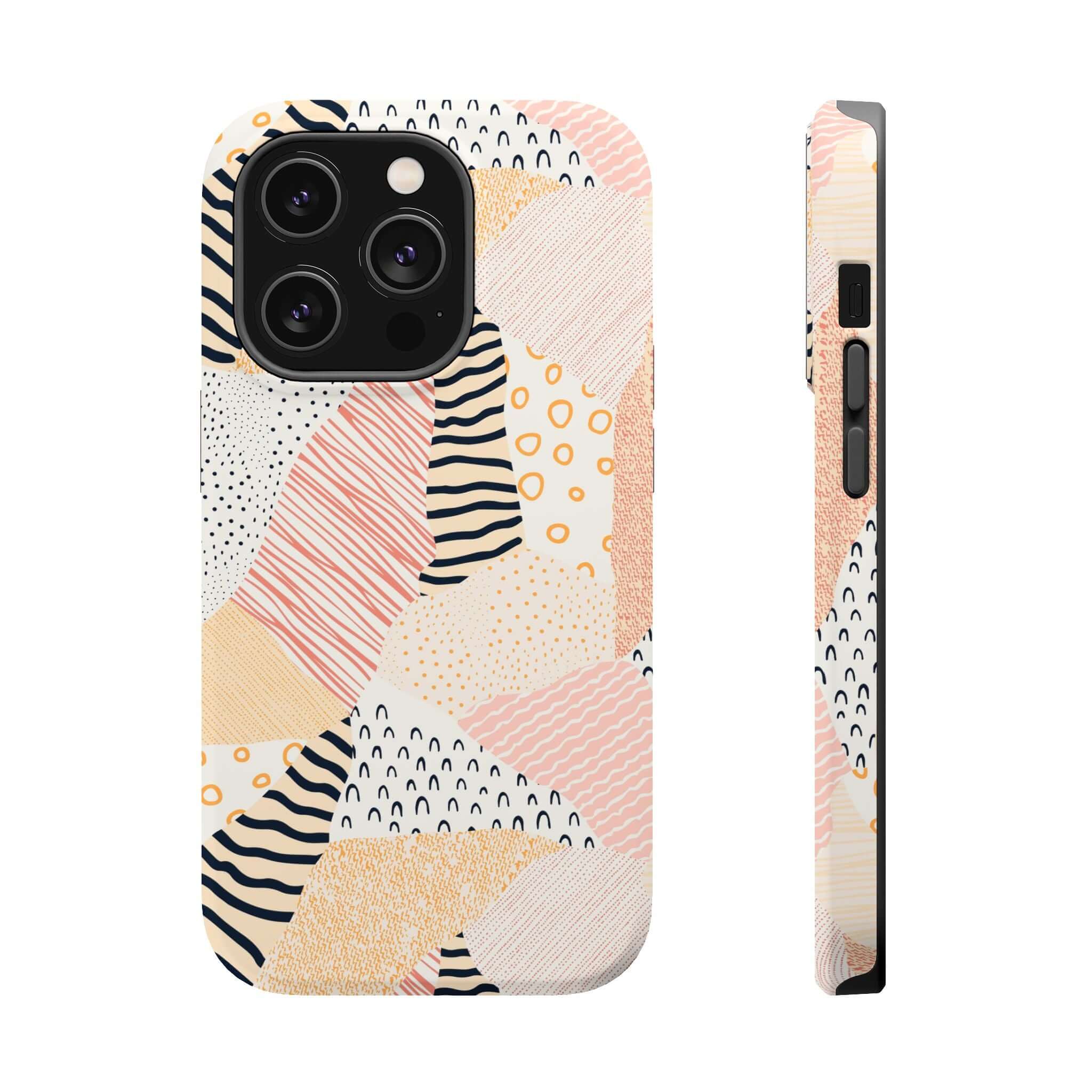 Cute pastel patchwork phone case for iPhone 16, featuring a peach color with vibrant patterns, perfect to brighten your device.