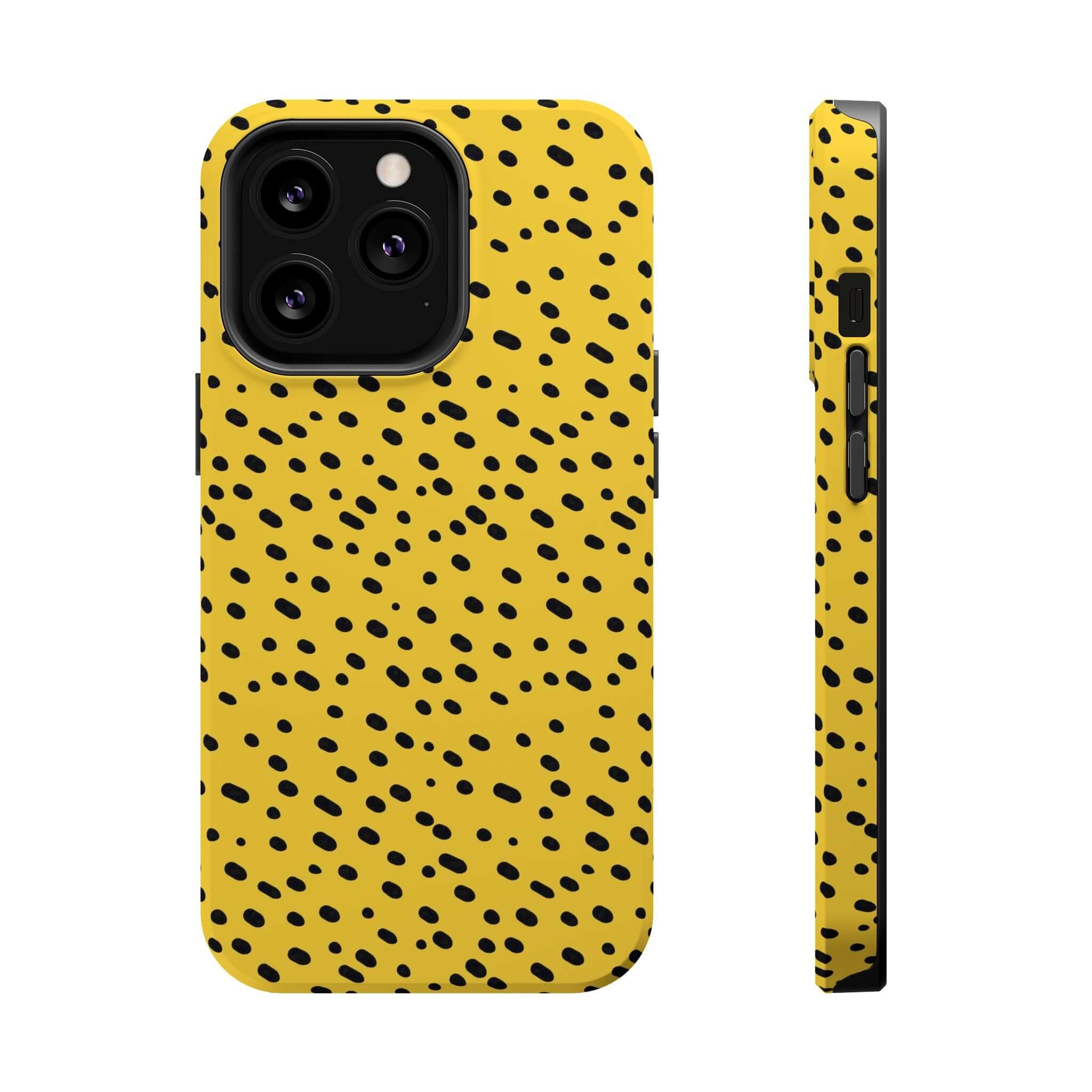 Vibrant yellow cheetah pattern iPhone case by Spot On, featuring bold spots and MagSafe compatibility for stylish protection.