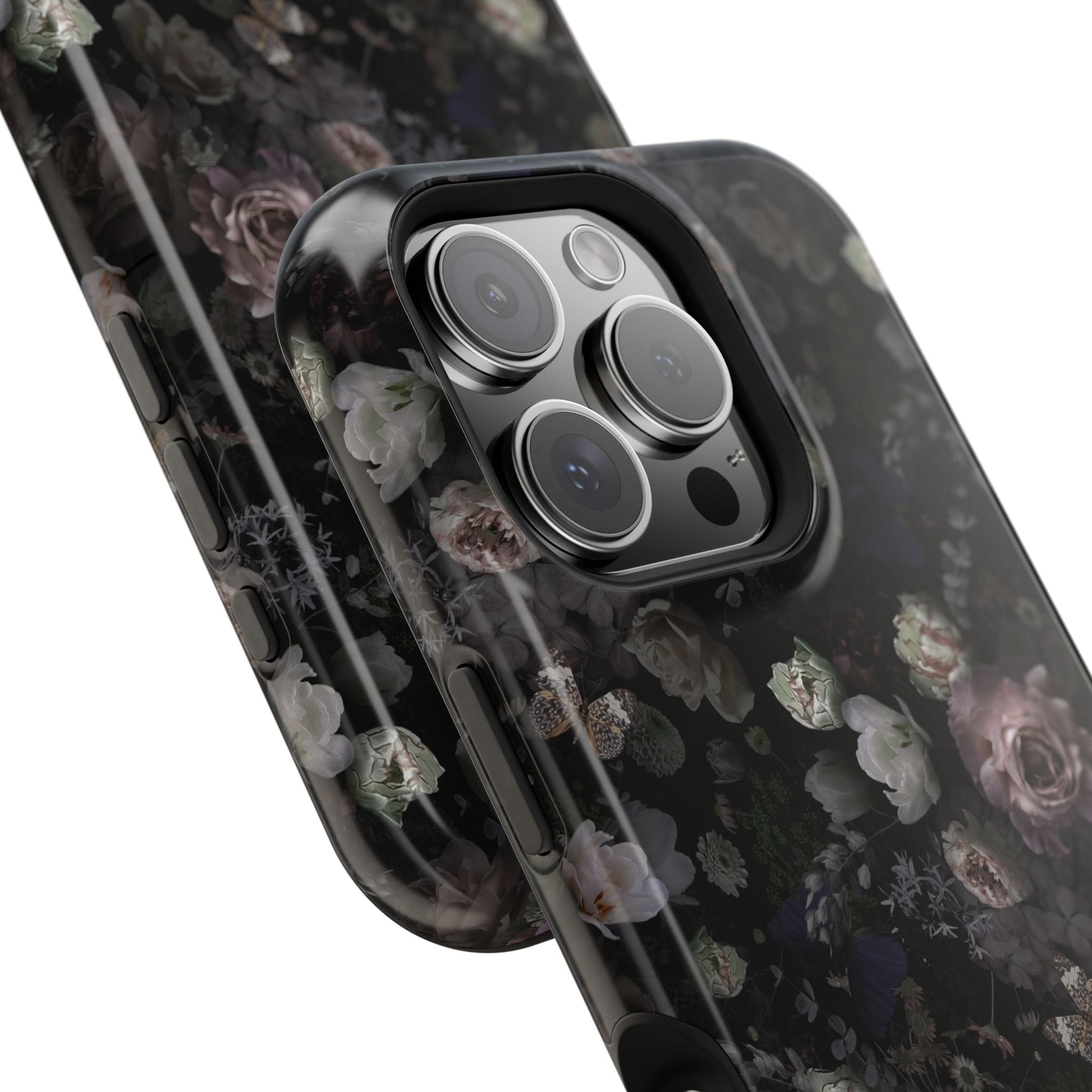 Midnight Curse Black Floral MagSafe iPhone Case with black roses, a cute phone cover adding style and protection.