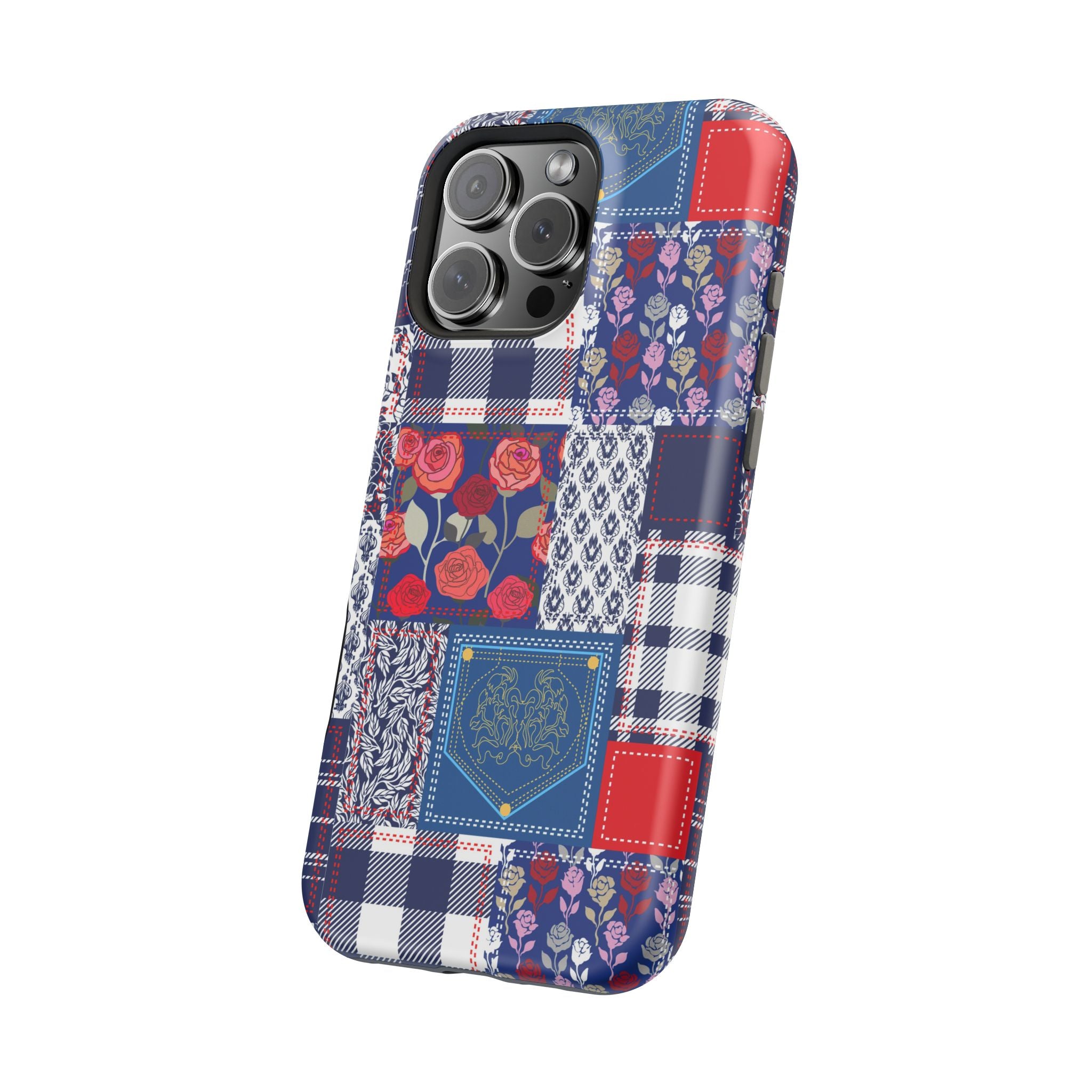 Crimson Bloom | Blue Patchwork Case